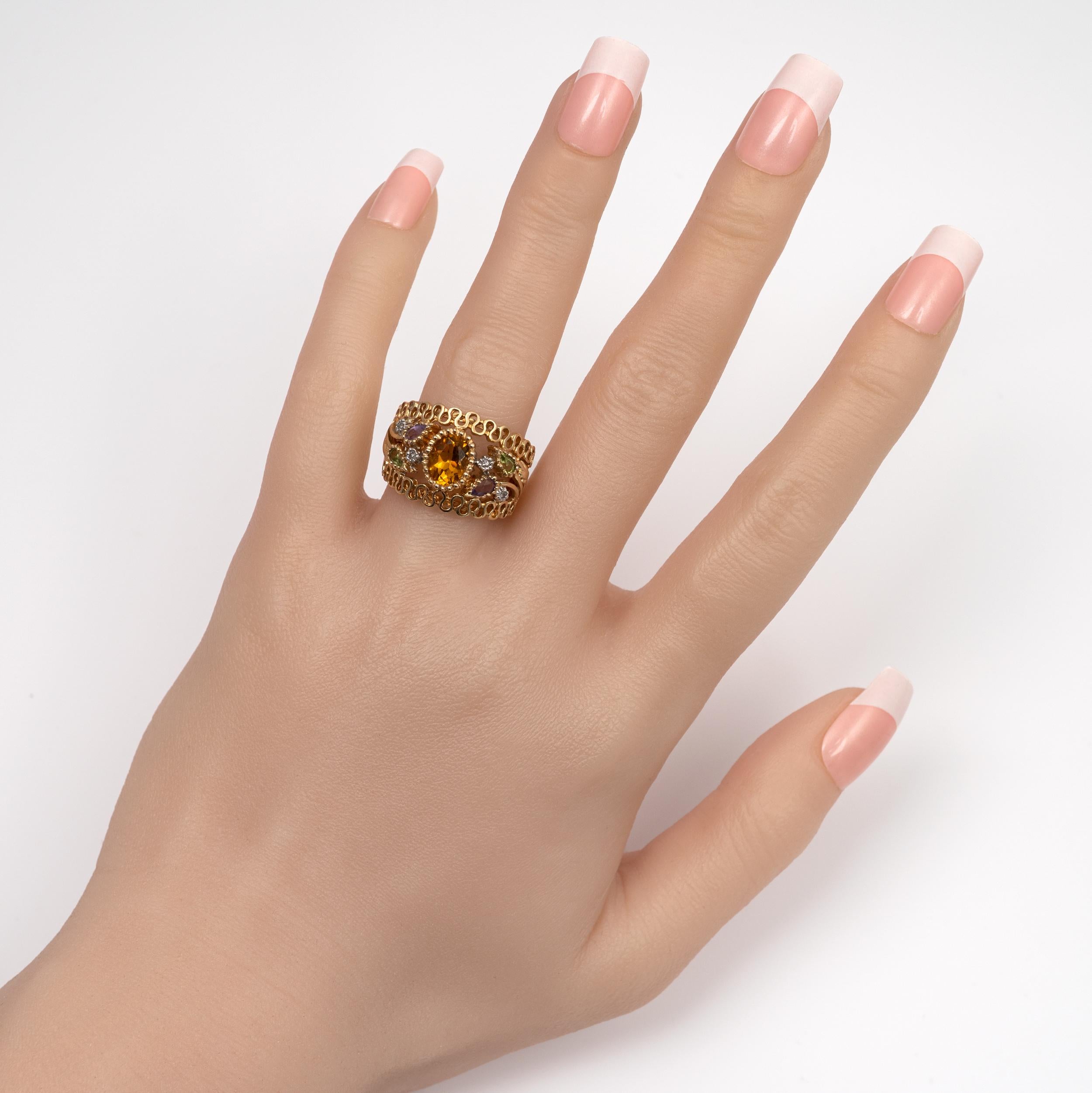 Mixed Gemstone Open Flower Bombe Cocktail Ring 14 Karat Gold With Pleated Edges For Sale 4