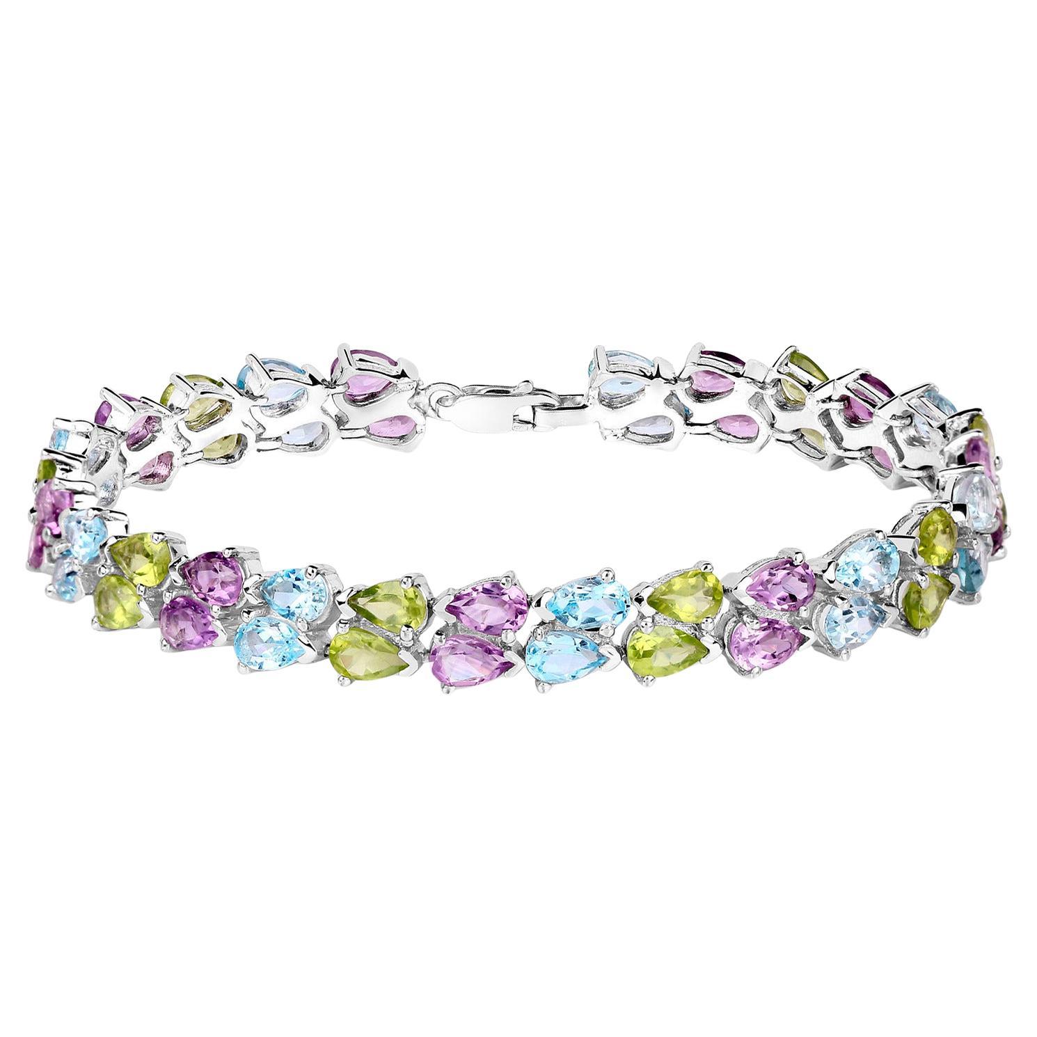 Pulsera de tenis de piedras preciosas mixtas Amatista Topacio Peridoto 23,4 quilates Plata