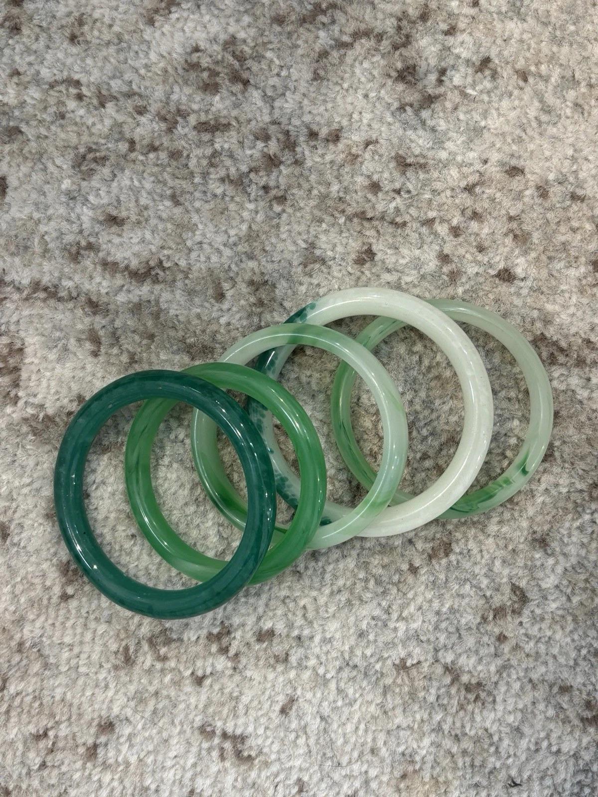 Art Deco Mixed Glass & Treated Jadeite 9.5–13.5mm Wide Lot of 5 Green Bangles For Sale