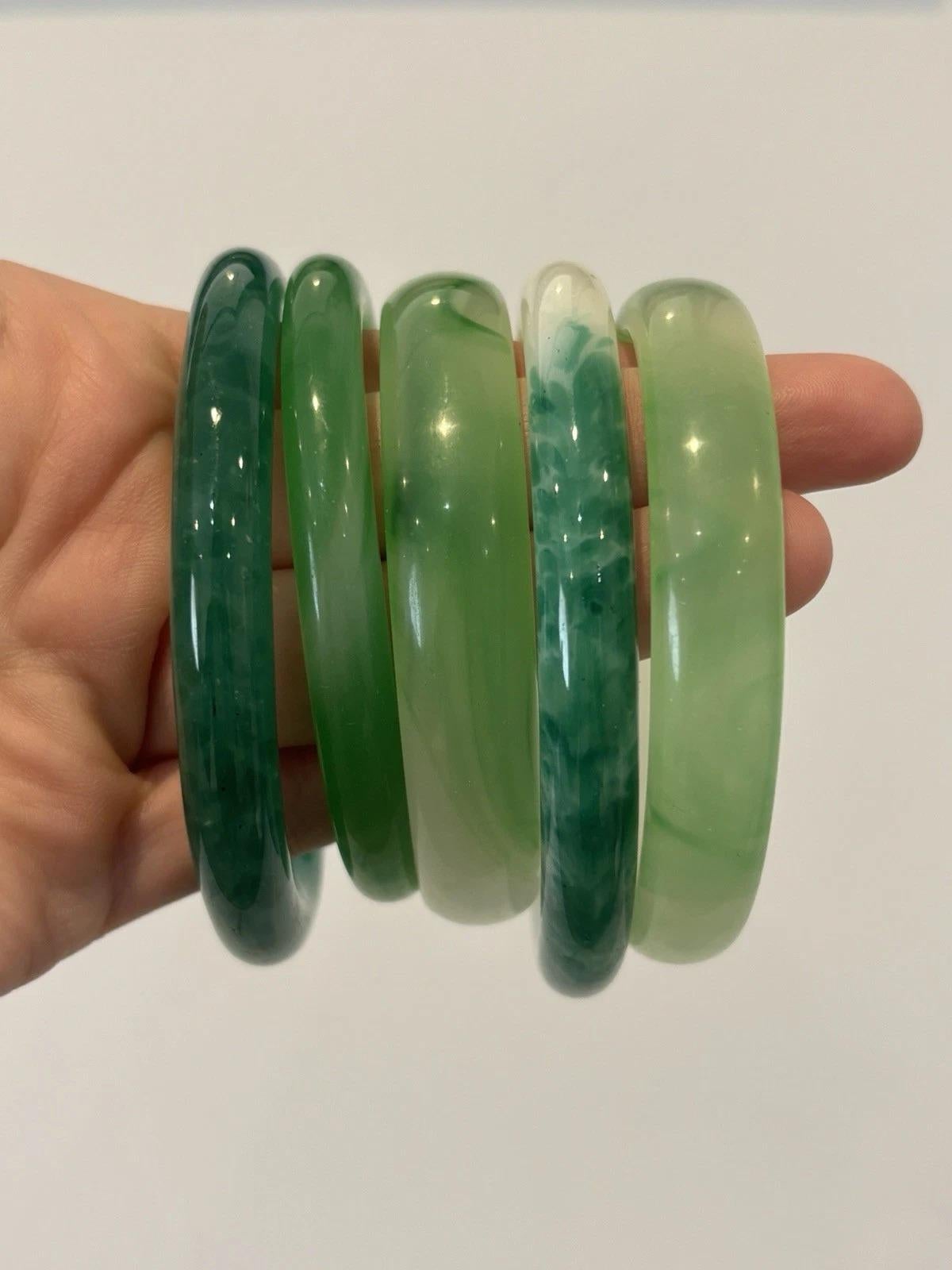 Women's Mixed Glass & Treated Jadeite 9.5–13.5mm Wide Lot of 5 Green Bangles For Sale