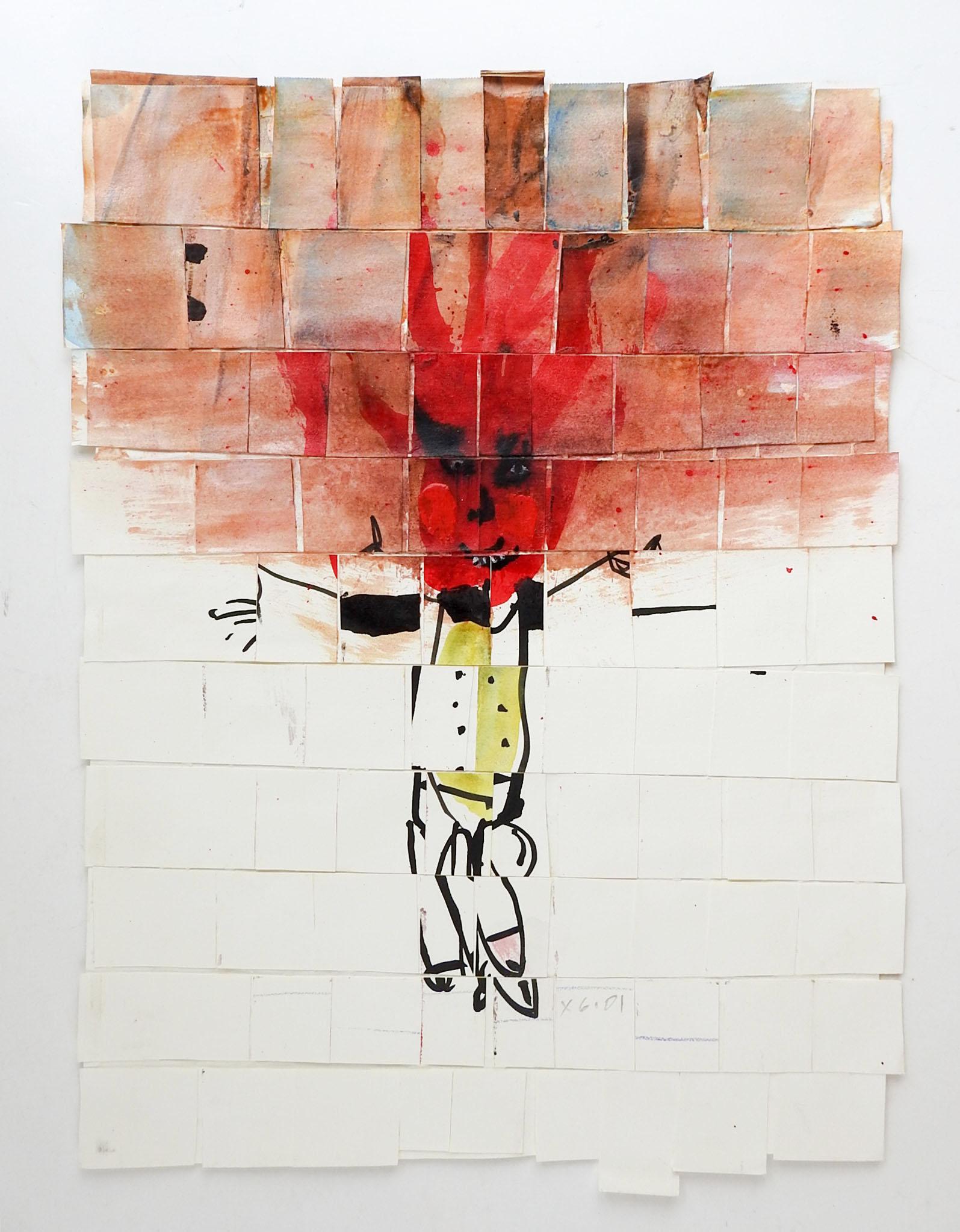 Pintura figurativa abstracta en llamas en técnica mixta, recortada y montada de nuevo por el artista George Turner ( 1943-2014) Illinois. Firmado y fechado en 2001 a lápiz en la esquina inferior derecha.