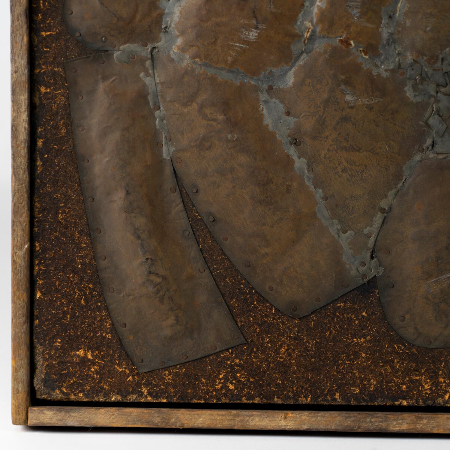 Mixed-Media Brutalist abstract construction, signed Nelson, dated 1962 on Verso. Copper in painted wood board. Hammered, nailed and textured to create a striking repoussé effect. Would be a sophisticated addition to either a modern, eclectic or