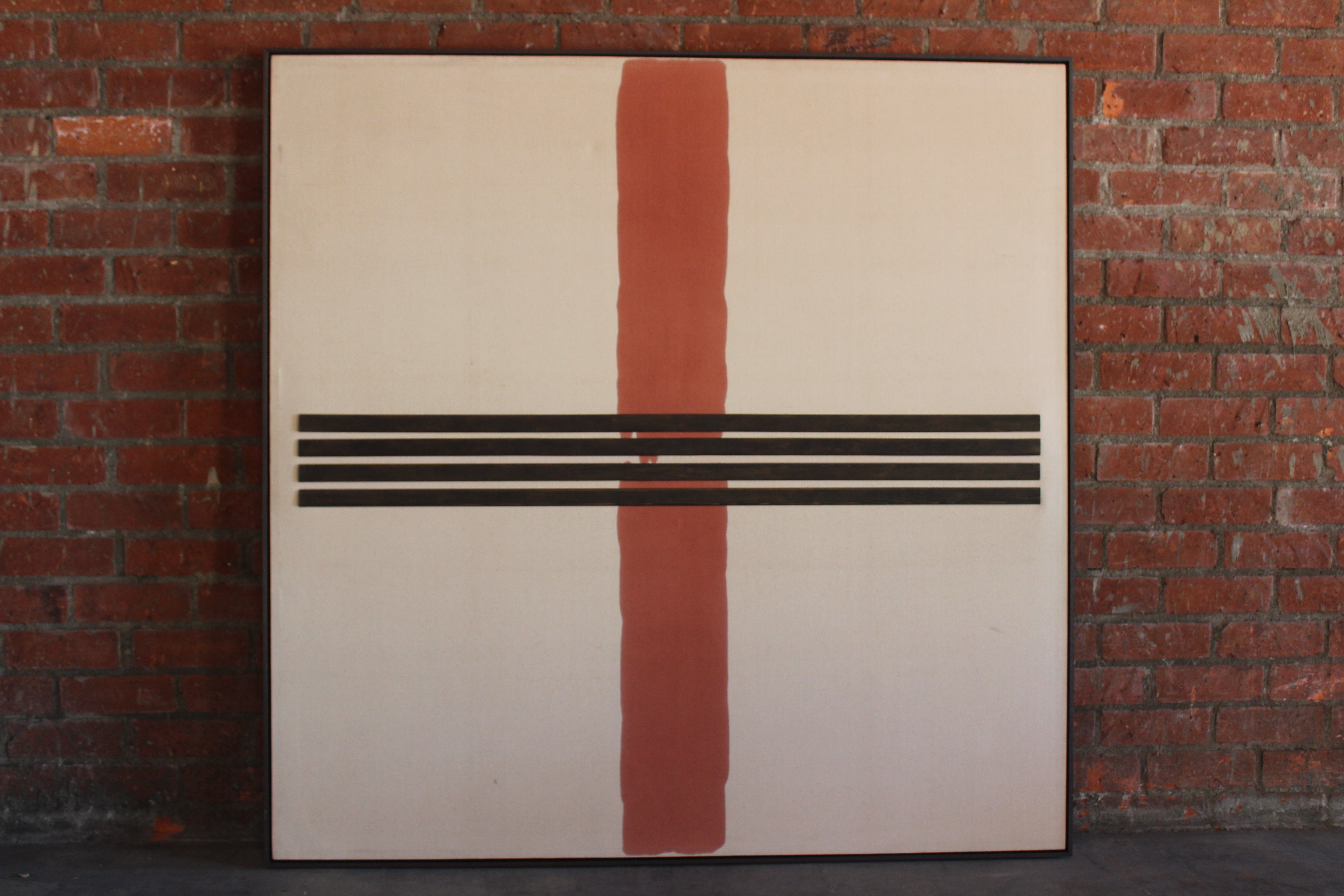 A vintage mixed media on canvas by Brittish artist Bruce Tippett, 1963. This large scaled piece has been proffessionally framed in dark walnut. The artist name and original sticker is present on the backside.