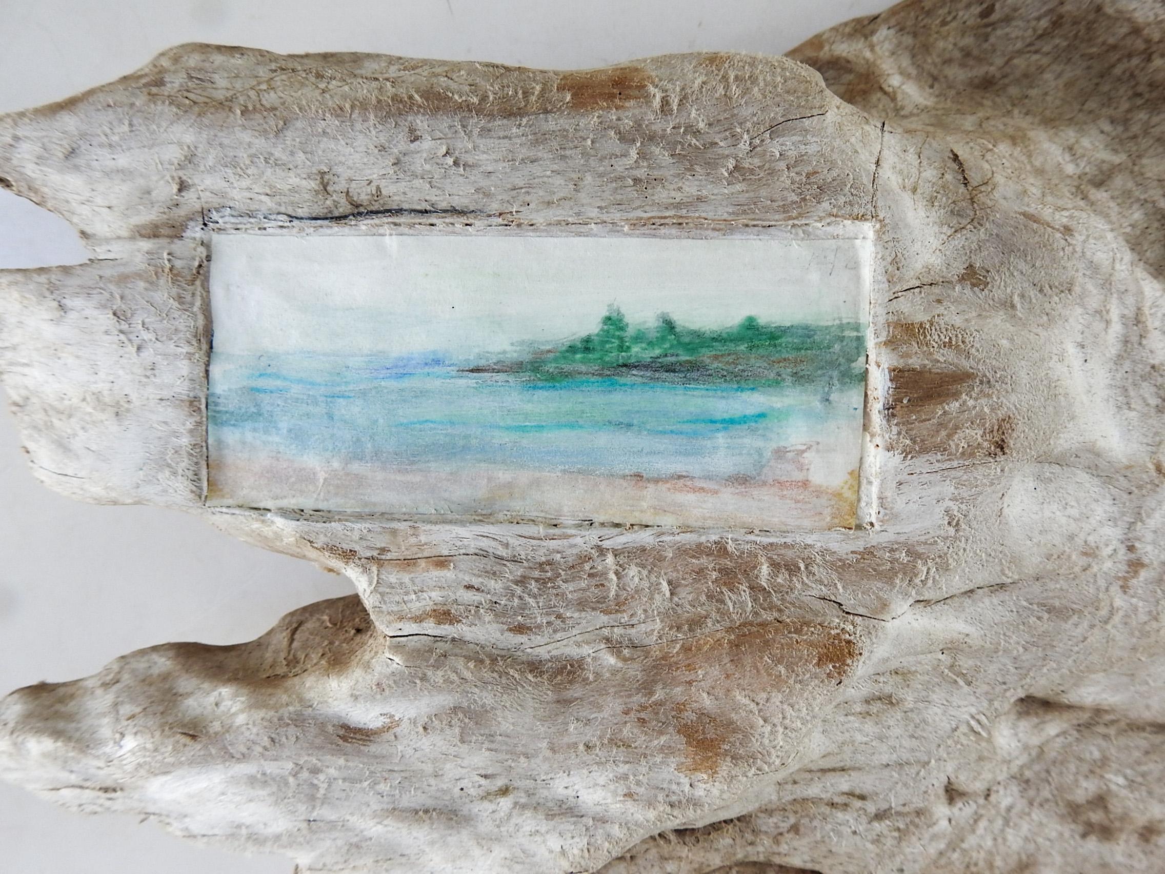 Tiny mixed media painting on paper of coastal beach scene by Linda Thompson. Inset into natural gray driftwood frame. Display flat, on a stand or add hanging hardware. Painting size 3.5