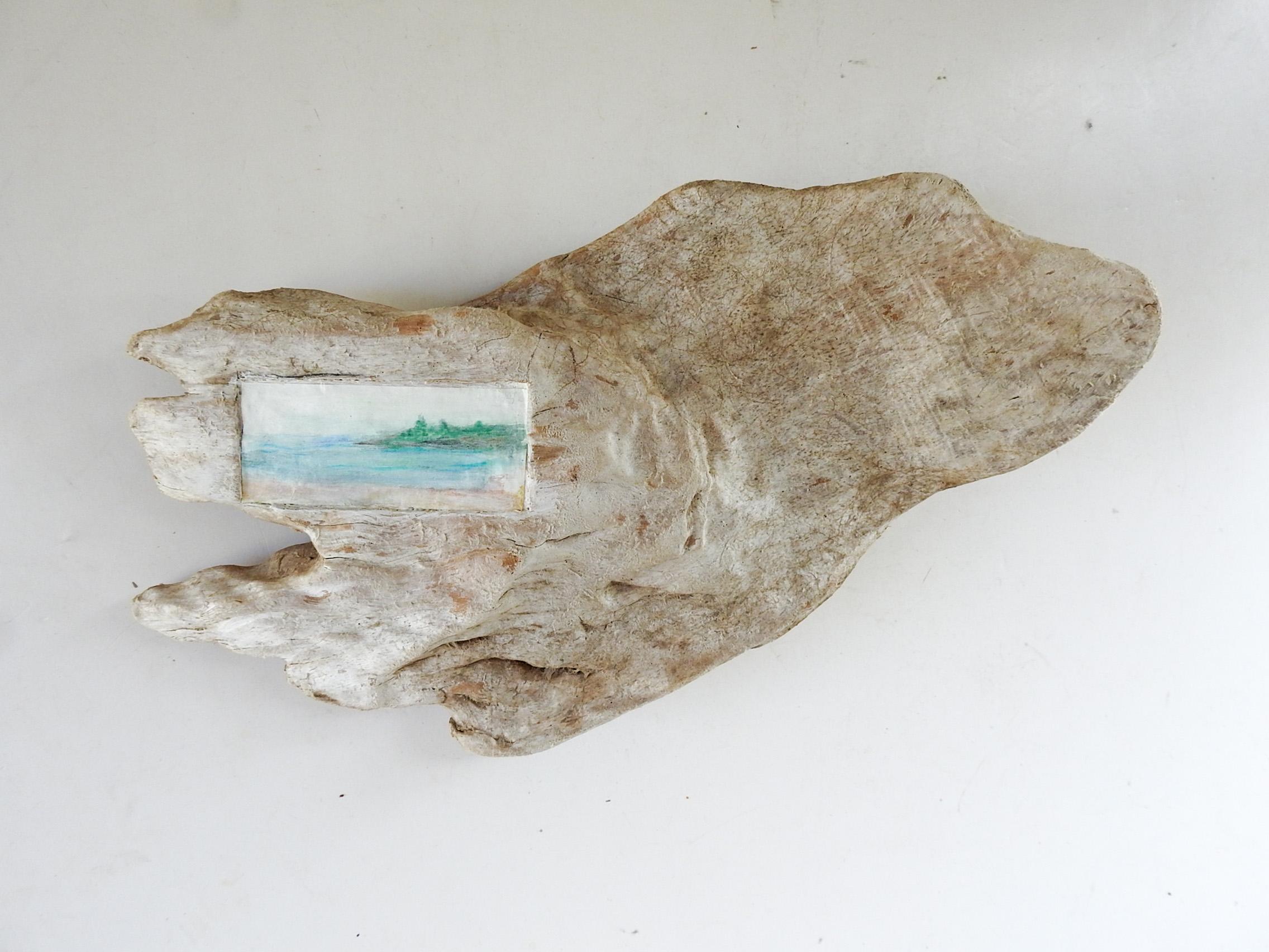 American Mixed Media Coastal Tiny Seascape Painting On Driftwood Frame For Sale