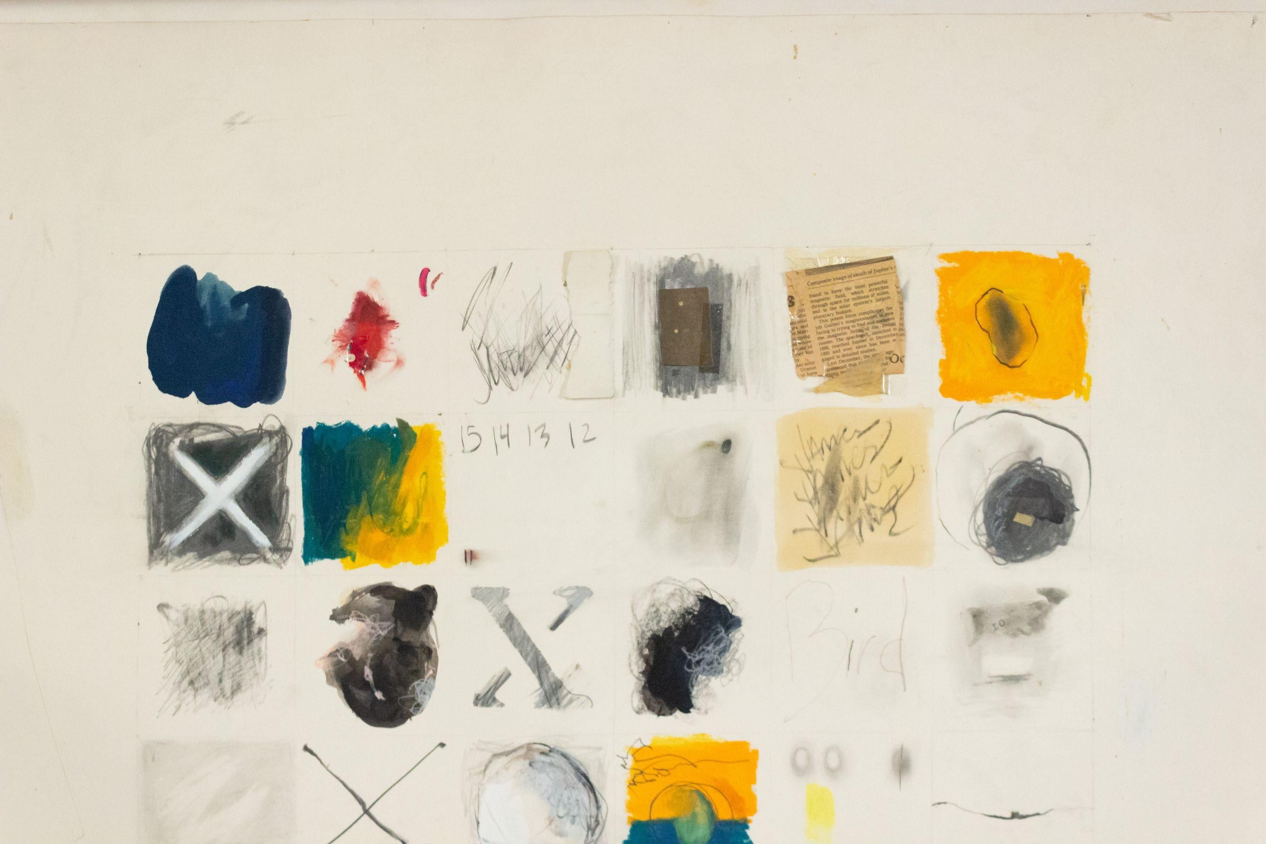 Copy of an unglazed mixed media abstract painting of stenciled letters in oil and collage on paper.

Condition: Good; Wear consistent with age and use
