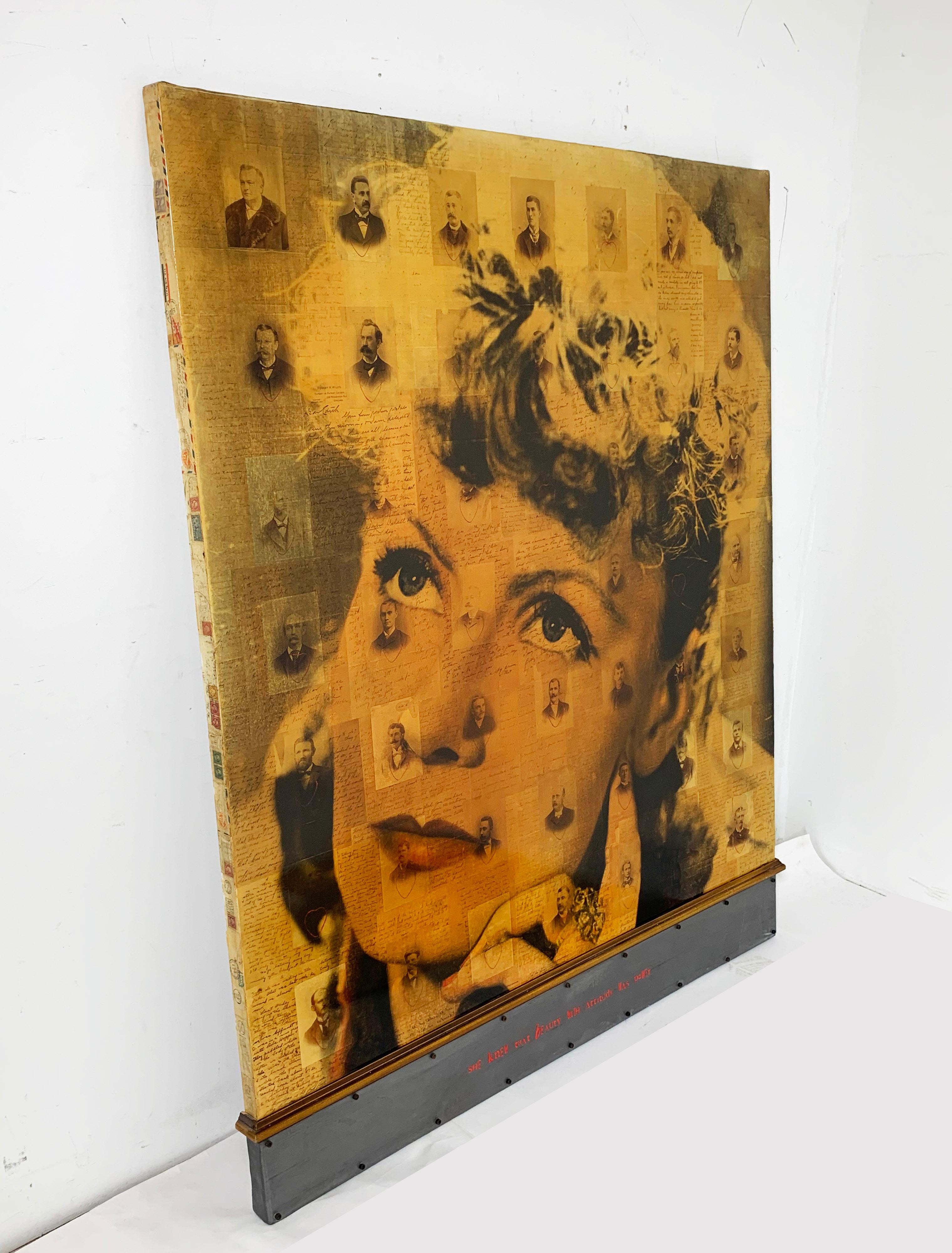 A mixed media work by noted artist and photographer Ben Freeman. This large scale work features a collage of antique gentleman’s photographs and authentic hand penned letters, overlayed upon an enlarged image of what appears to be an early image of