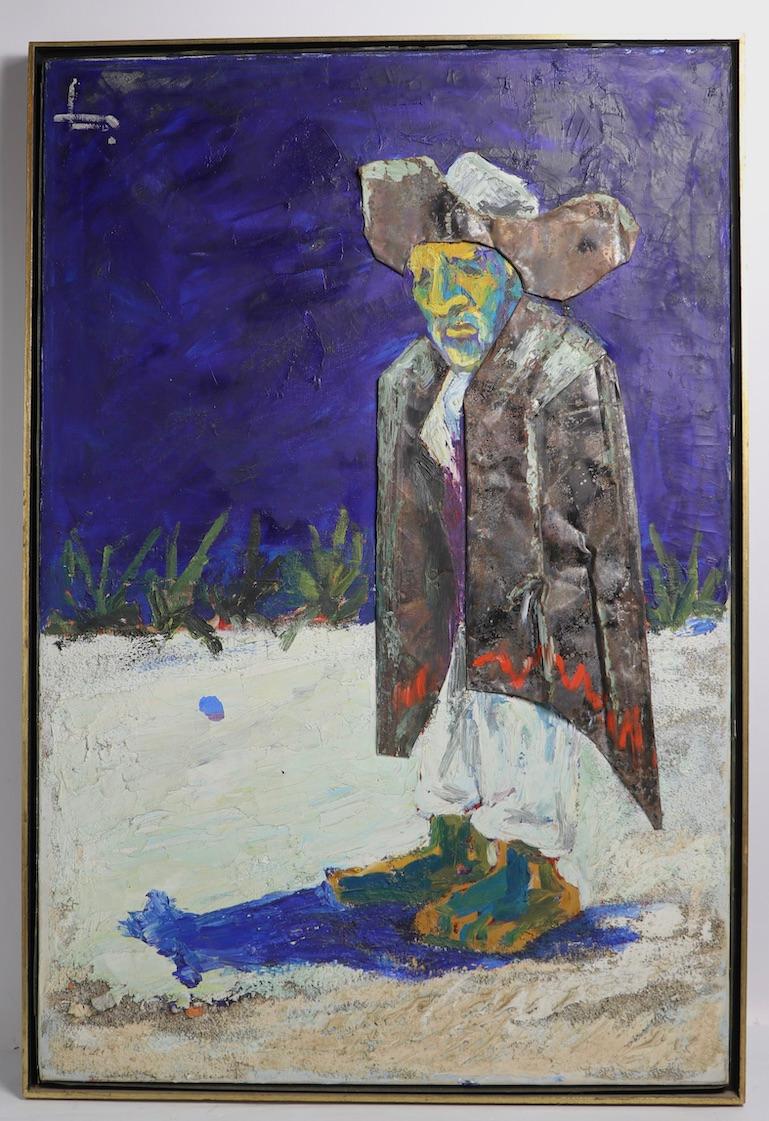 French born artist Rene Brouchard was well know for his expressive mixed media work, this painting is an example of his work from this period. This work depicts a man, possibly Mexican. The piece is of oil paint on canvass, with hand cut metal