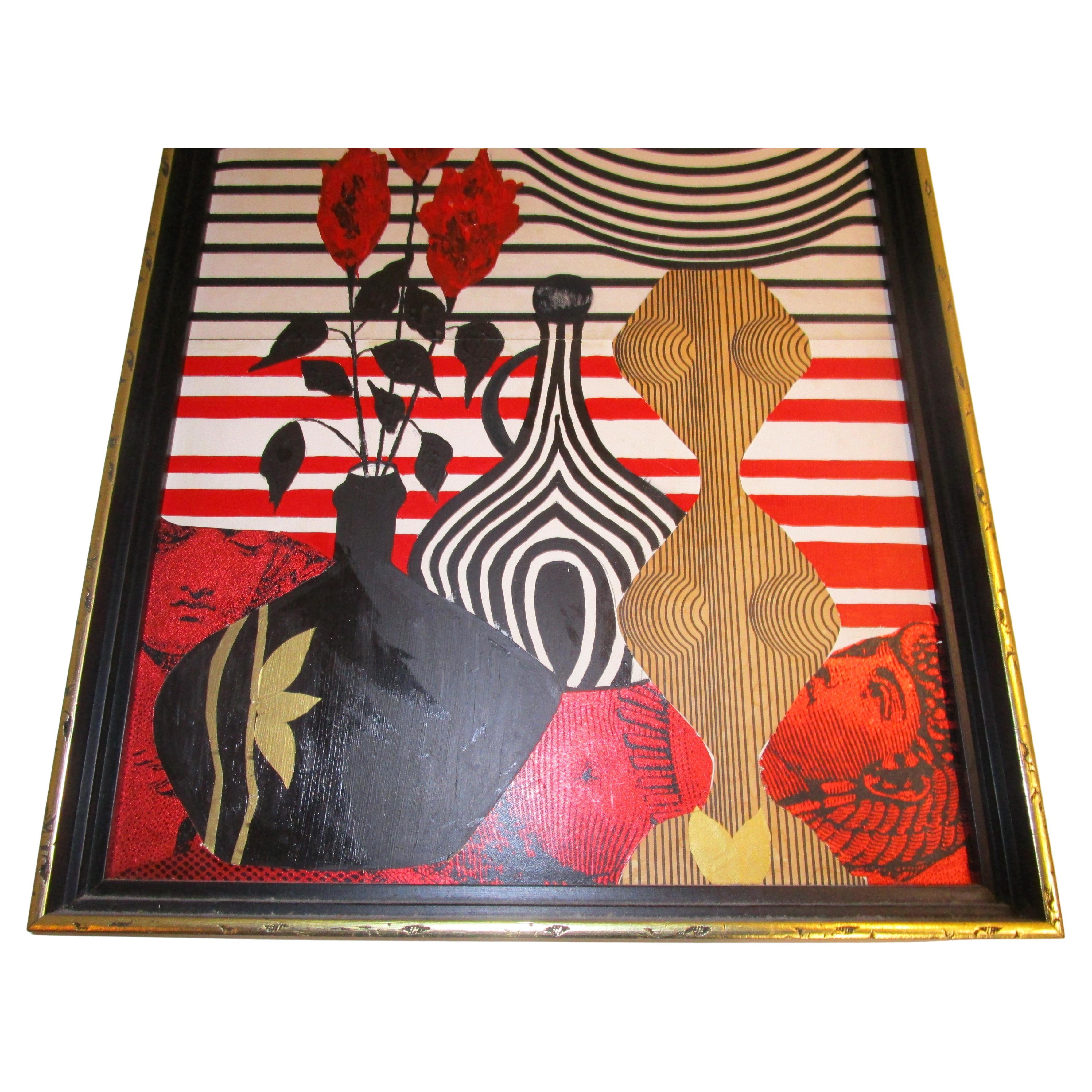 Fatto a mano Pittura a collage surrealista a tecnica mista, CIRCA 1960