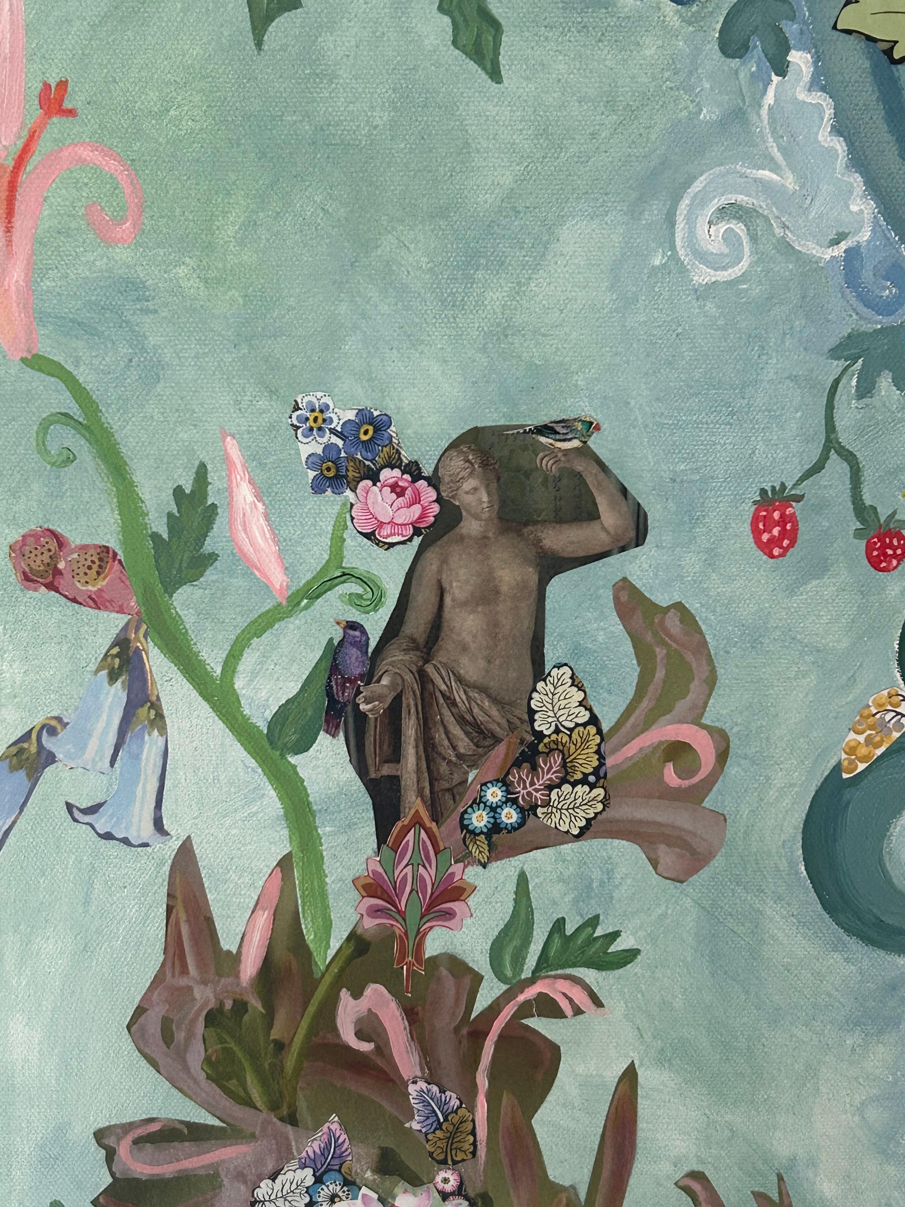 Pintura collage en técnica mixta titulada La primavera en su mente Lienzo en venta