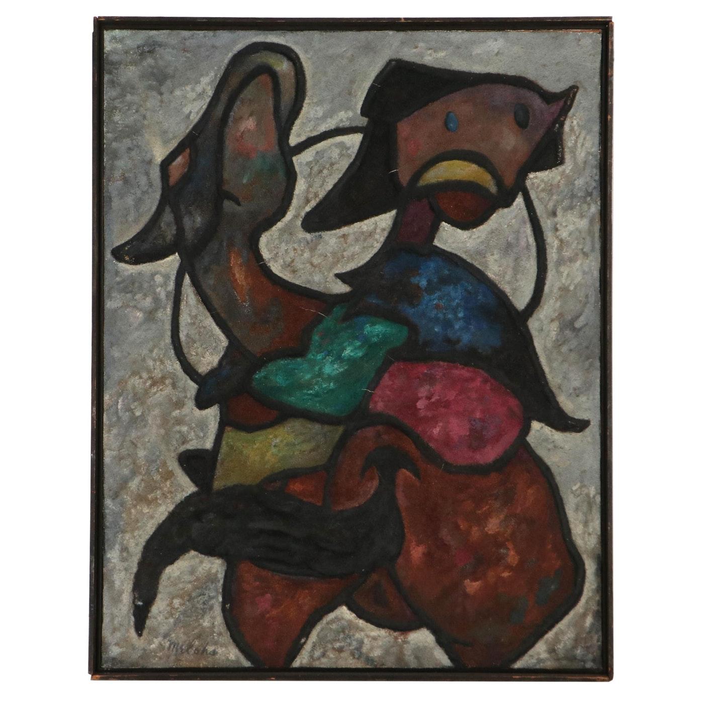 Charles Melohs (American, 1908 – 1982)
Desert Rider, circa 1956
Mixed media composition on canvas
Signed to the lower left
Inscribed to the verso


Introducing the captivating Mixed Media Composition 