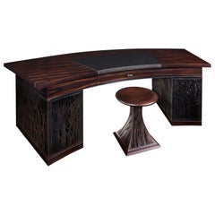 Mixed-Media Crescent Shaped Desk in Macassar Ebony and Blackened Steel