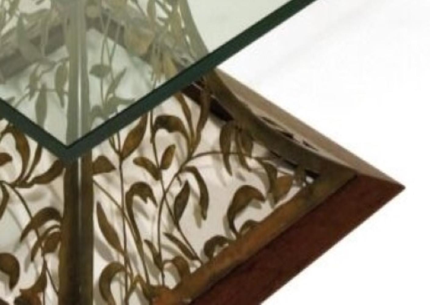 Mixed-media filigree cocktail table in blackened steel and beveled edge glass

Available now: Base in blackened steel with custom filigree creation. Glass has polished edge.
As shown this table dimension is 42