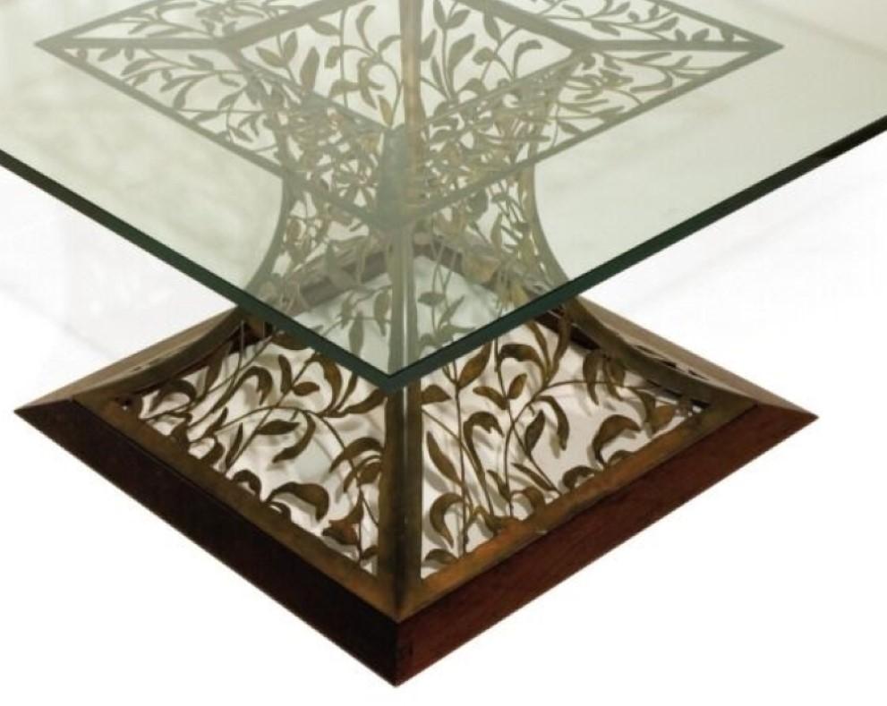 Organic Modern Mixed-Media Filigree Cocktail Table in Blackened Steel and Beveled Edge Glass For Sale