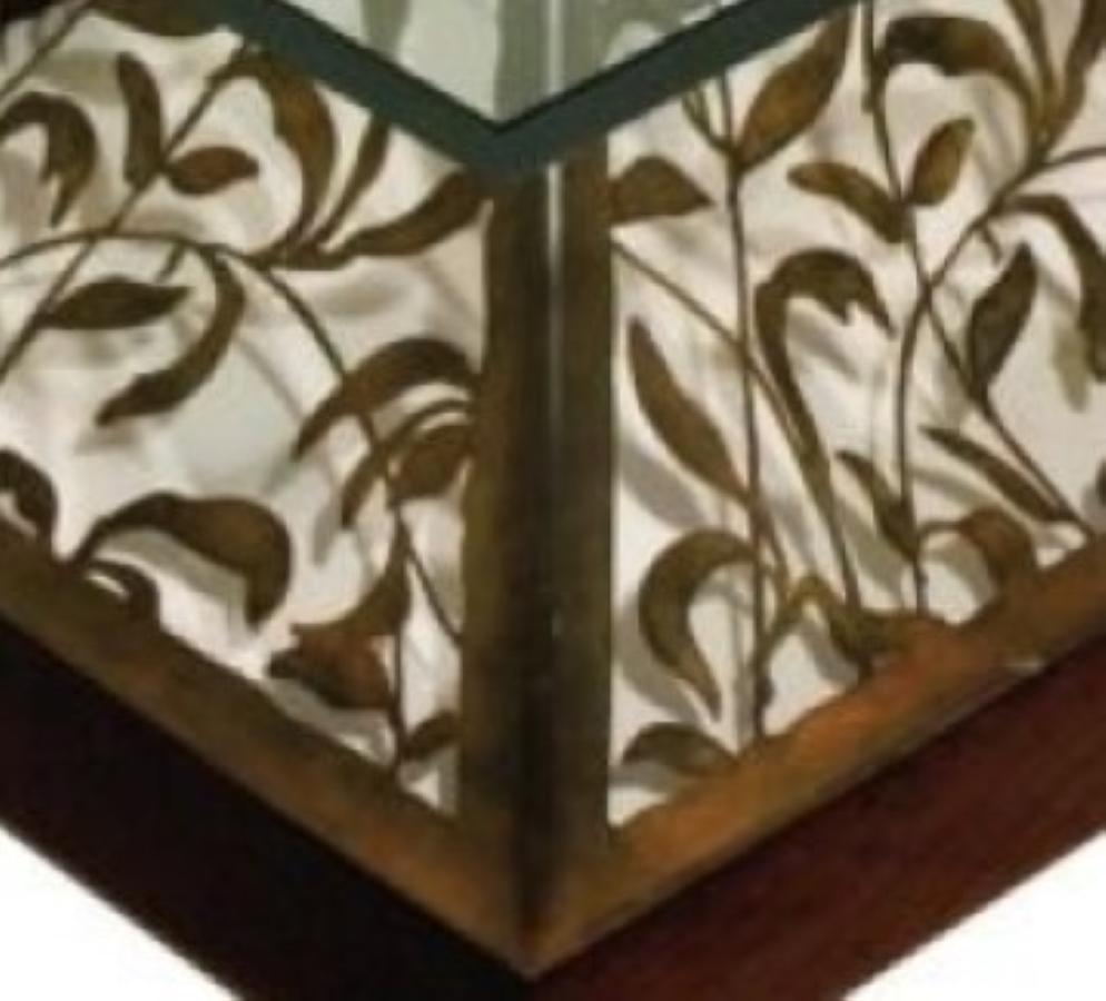 American Mixed-Media Filigree Cocktail Table in Blackened Steel and Beveled Edge Glass For Sale