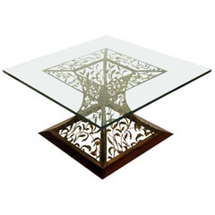 Mixed-Media Filigree Cocktail Table in Blackened Steel and Beveled Edge Glass
