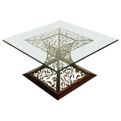 Mixed-Media Filigree Cocktail Table in Blackened Steel and Beveled Edge Glass