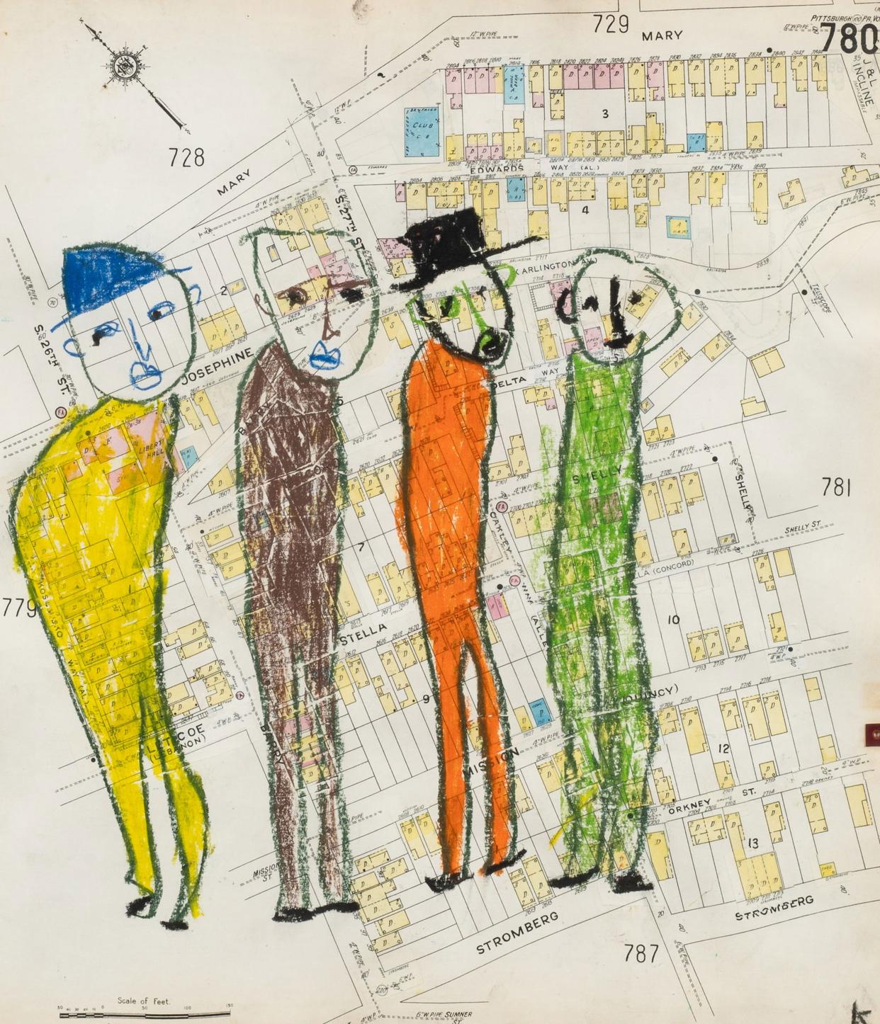 Pastel or gouache on found paper map of Pittsburgh Pennsylvania depicting a grouping of four seemingly estranged characters. Wrapped in a wood frame and float mounted on art board under glass. 

Born in Dublin, Ireland, Karl Mullen now resides in