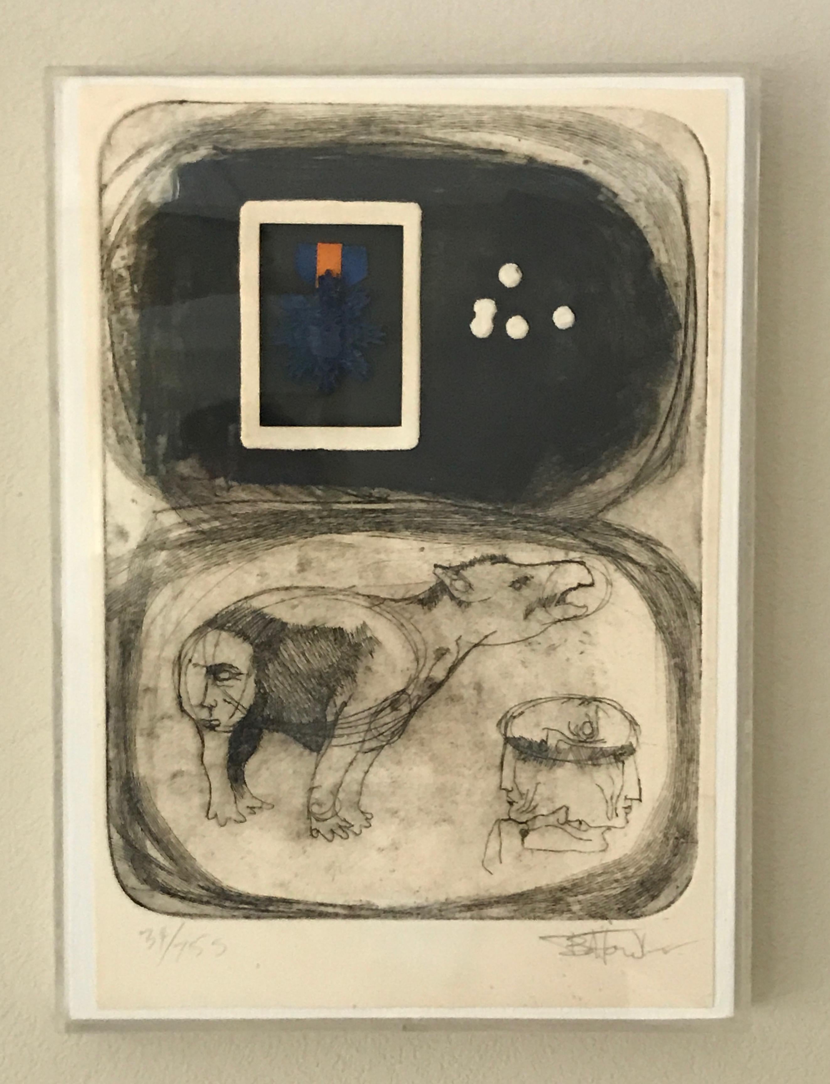Mixed-media lithograph my Houston, Texas artist Bob Fowler. Artwork is mounted inside a custom acrylic frame. Signed Bob Fowler in pencil and numbered 34/755. Frame was likely made and assembled by the artist. Piece was acquired from a Texas patron