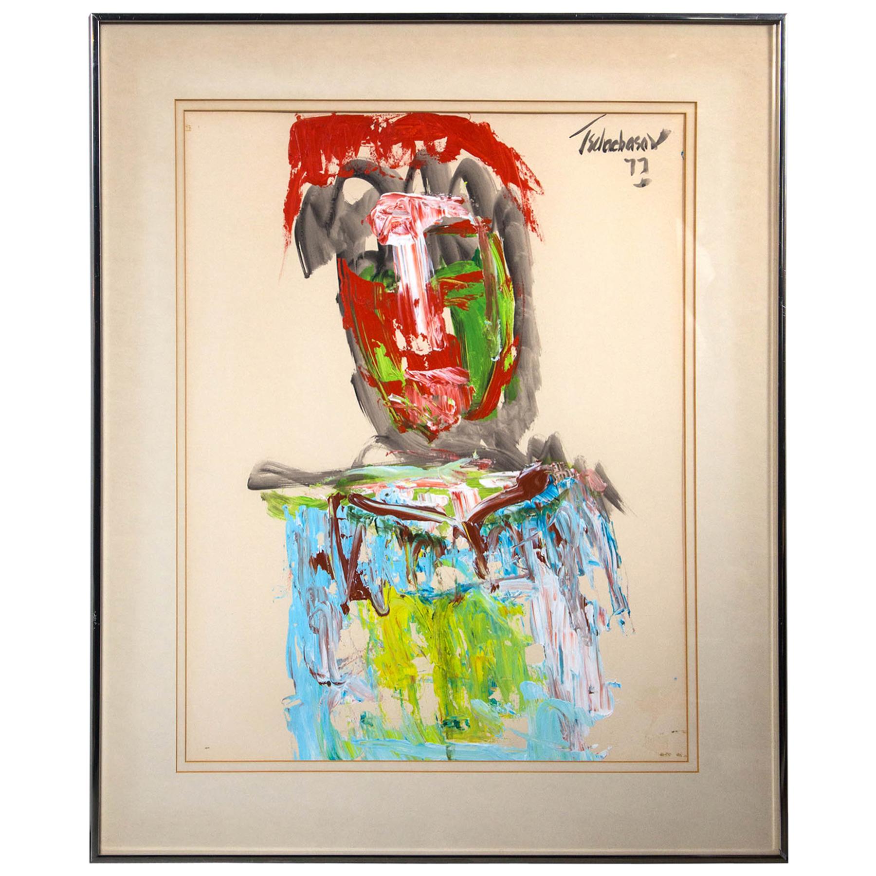 Mixed-Media Modernist Painting of Man For Sale
