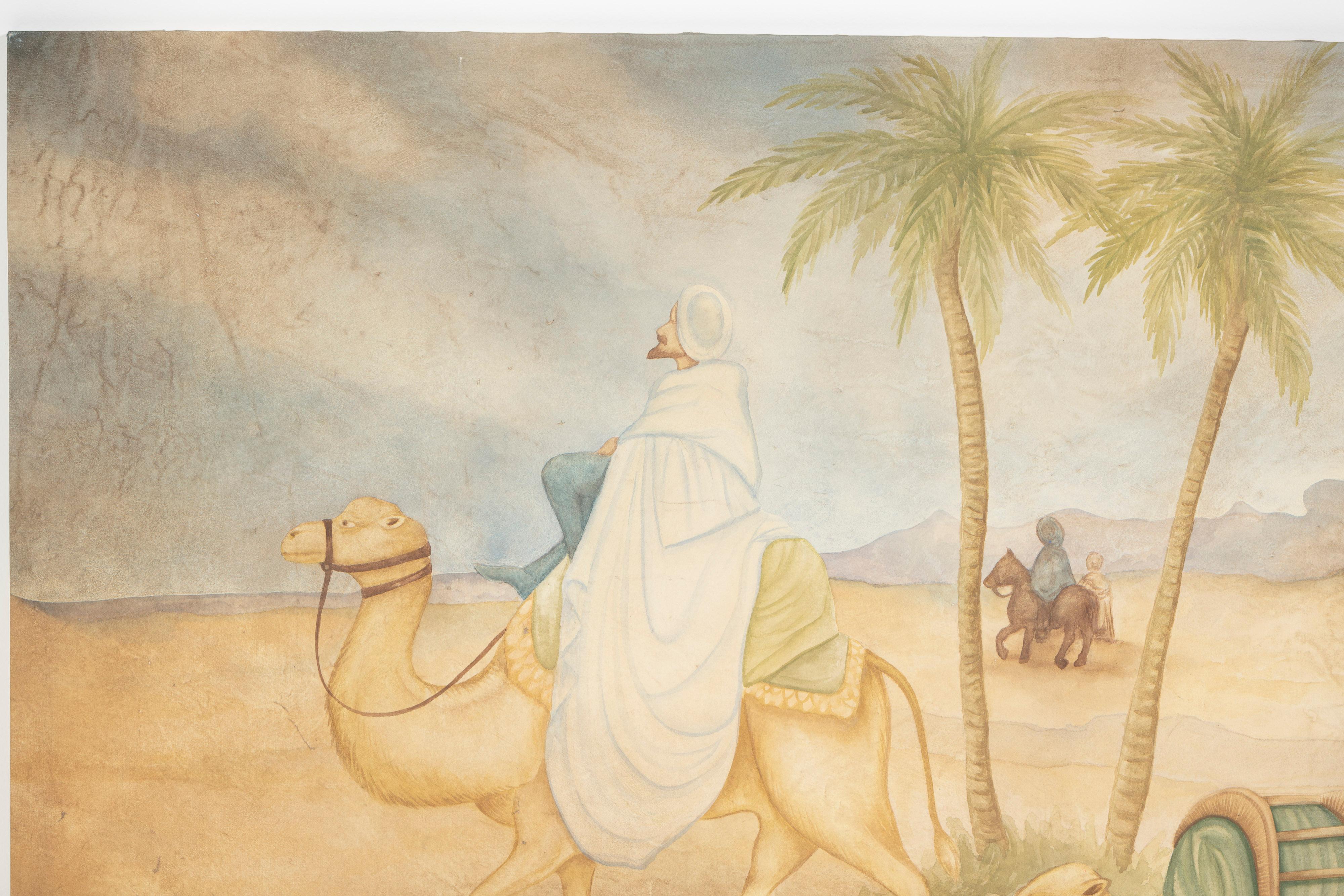 Très grande peinture mixte sur toile d'une scène du désert arabe, dans des tons pastel. Origine et artiste inconnus. Placez-la en point de mire au-dessus d'un canapé ou d'une table console pour renforcer son impact et permettre aux teintes vibrantes