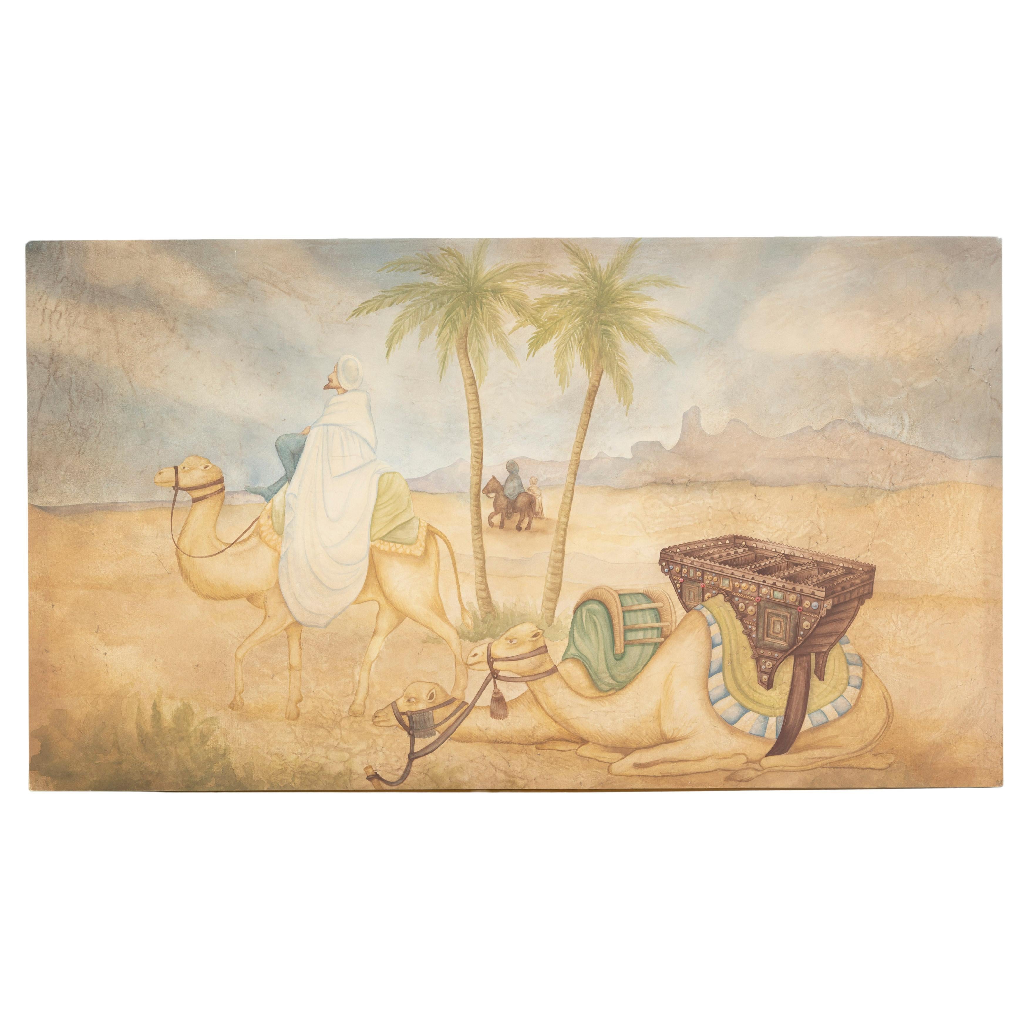 Técnica mixta sobre lienzo, Escena del desierto árabe, Pastel, Sin enmarcar, Artista desconocido