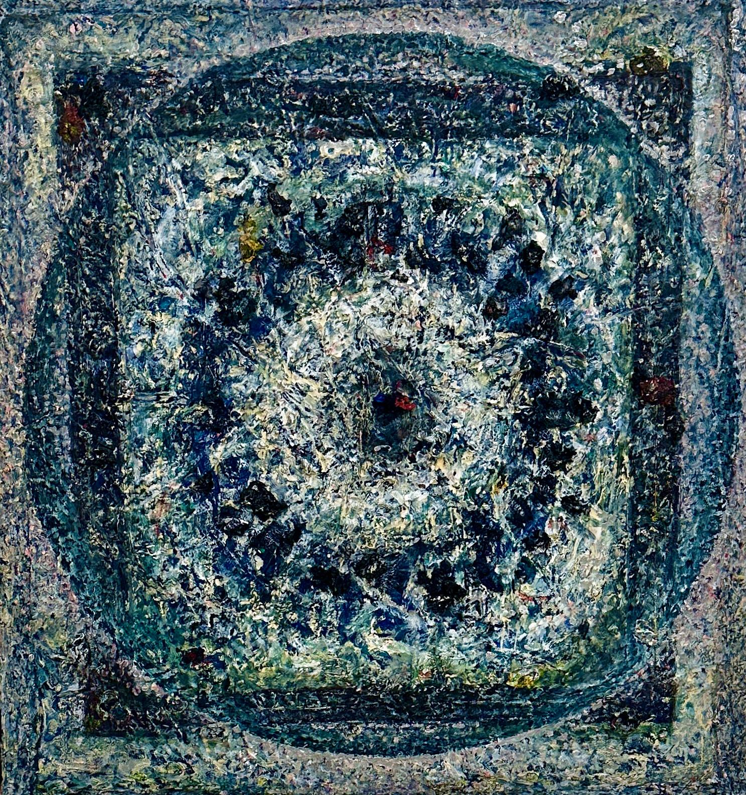Quest'opera presenta un impasto molto pesante in una gamma di blu e bianchi con macchie di colore in un disegno geometrico di cerchi e quadrati formati dall'applicazione del medium pesante. Incorniciato dall'artista in una semplice cornice di legno.