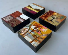 Mixed Media on Wood Block Paintings by Artist Cat Tesla, Set of 4