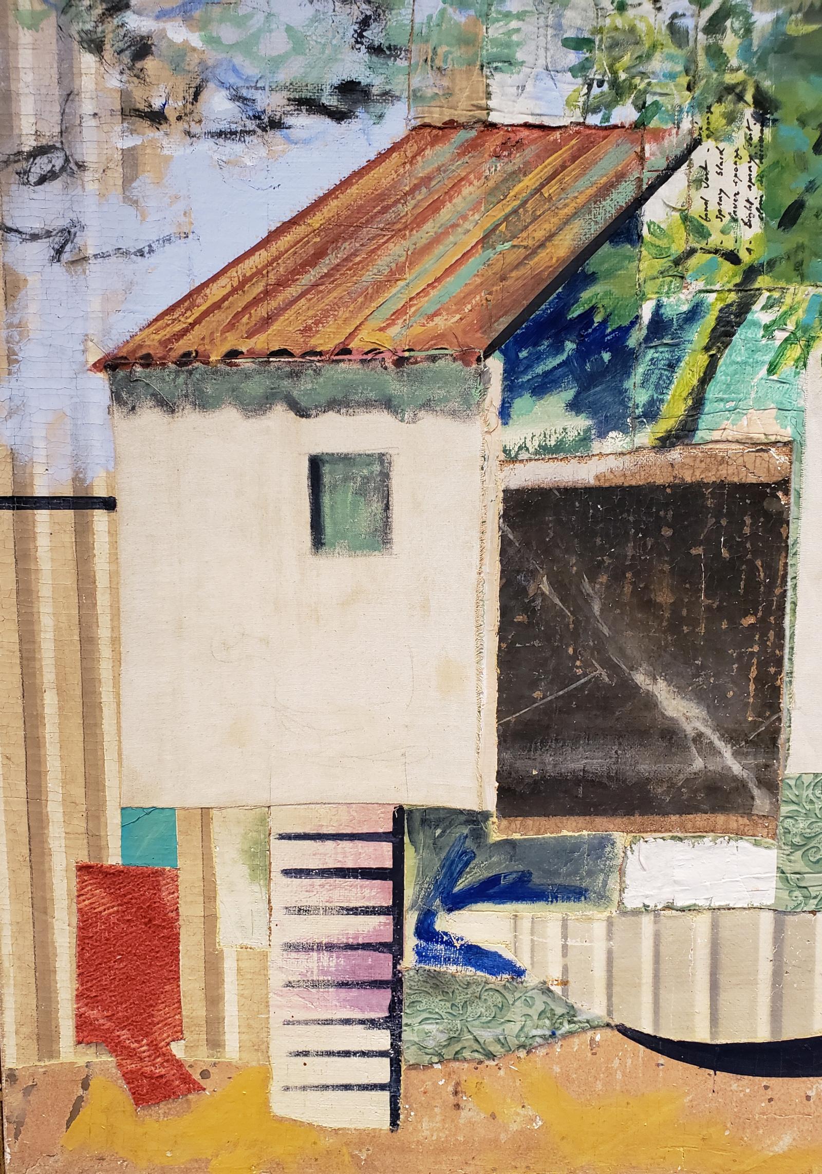 Mixed-media, abstract composition of a simple home titled 