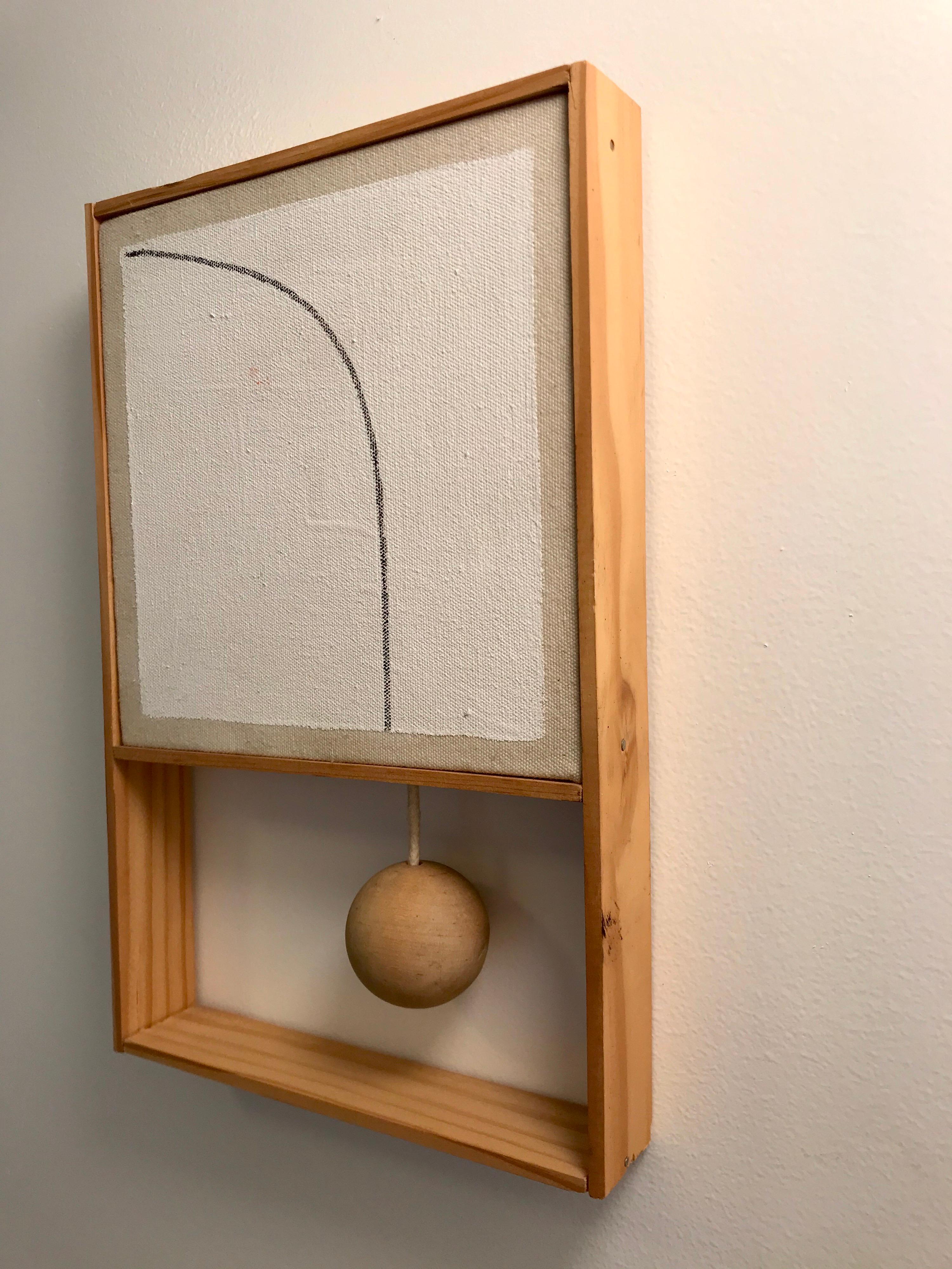 A nice piece of esoteric art
paint on canvas, graphite arc line, cord with natural wood sphere and thin wood frame.