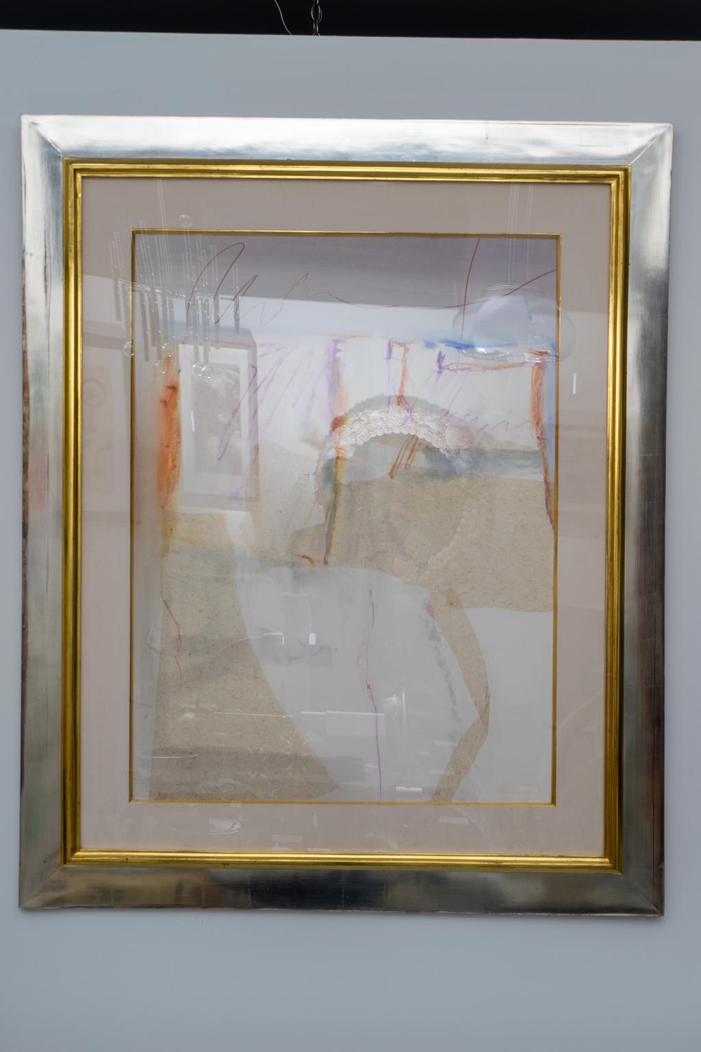 This stylish, large scale mixed media on paper artwork is by the American artist Harold Edward Larsen (b.1935) and was acquired from a Palm Beach estate. The colors are a soft whites, creams and terra cotta and the frame is a combination of silver