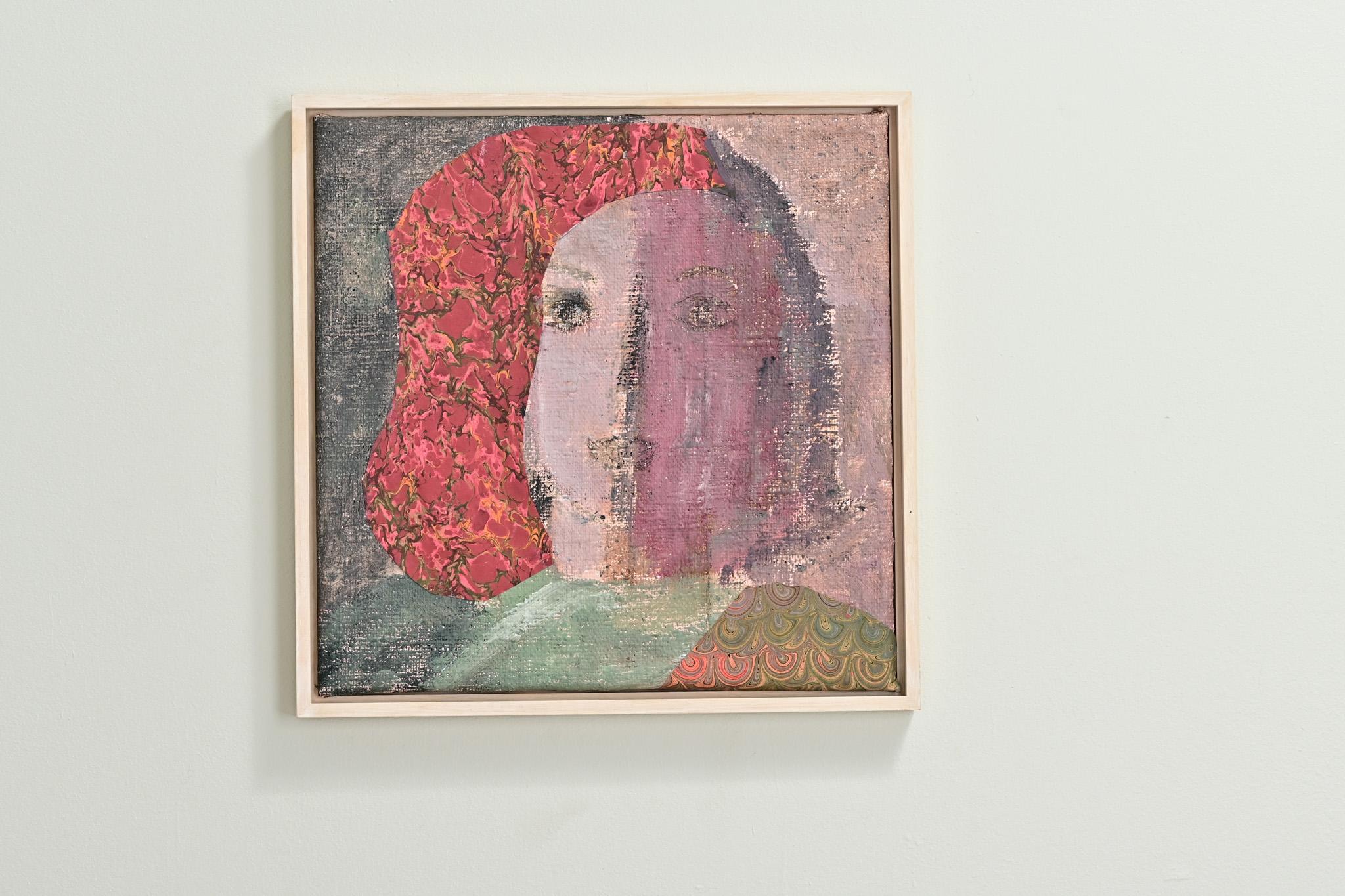 A recently made painting of a lady by an unknown Dutch artist. The mixed media collection of materials on canvas depicts a lady's face and is framed in a simple wood frame. Be sure to view the detailed images. 
