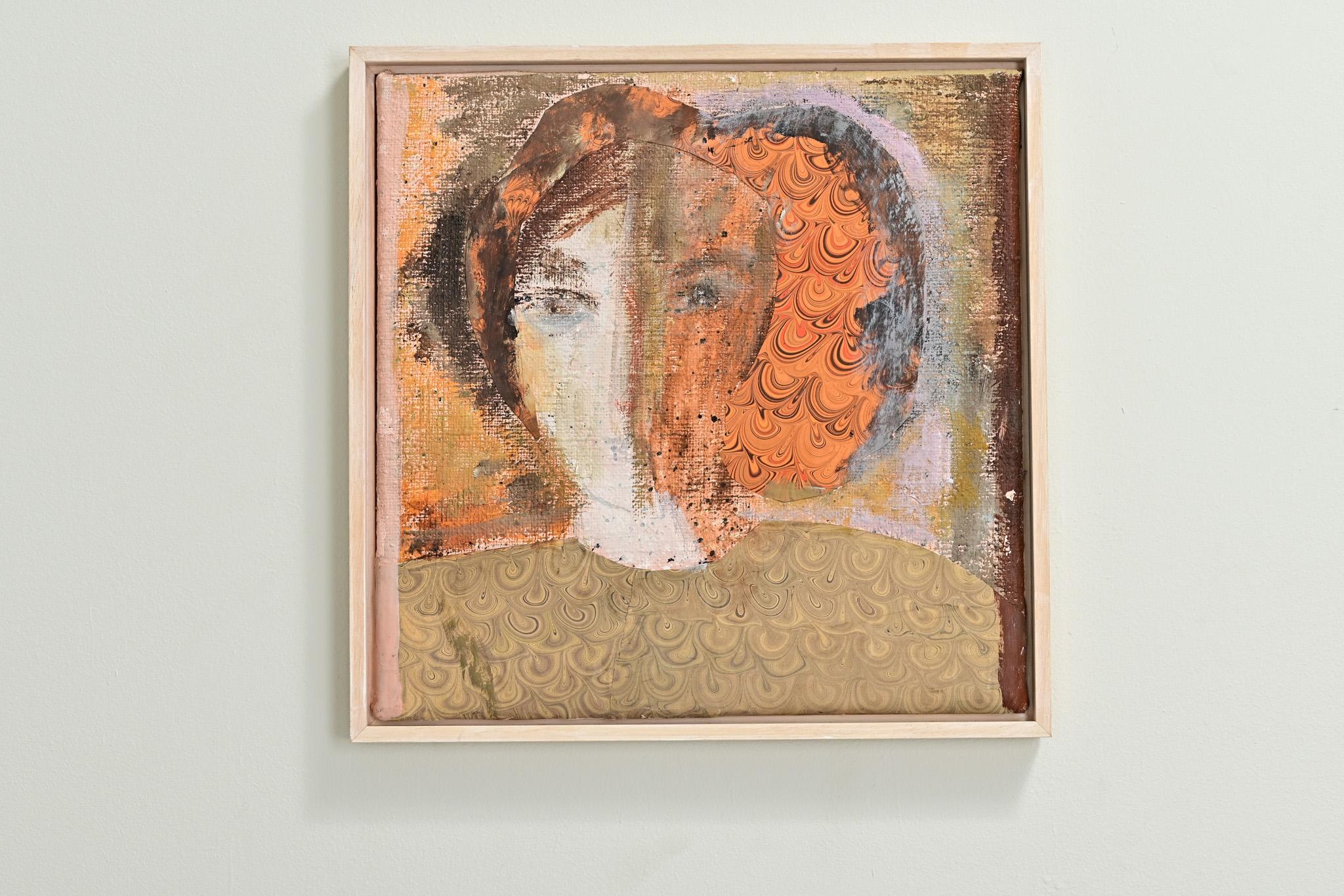 A recently made painting of a lady by an unknown Dutch artist. The mixed media collection of materials on canvas depicts a lady's face and is framed in a simple wood frame. Be sure to view the detailed images.
