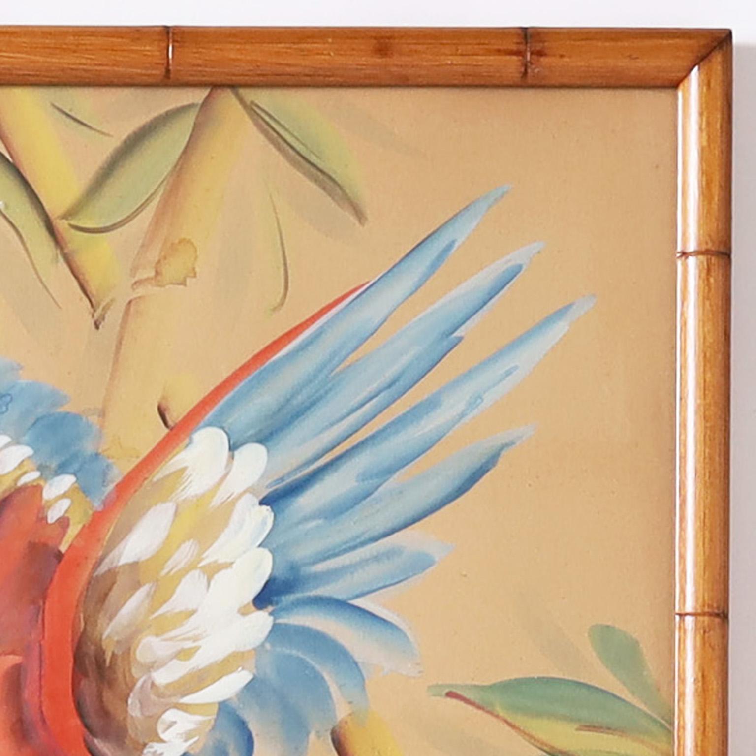 Lofty mixed media painting on brown paper of a parrot executed in classic Art Deco style with a bold stroke using watercolor and gouache. Signed by noted American artist and illustrator G. A. Reiman. Presented in a faux bamboo frame under glass.