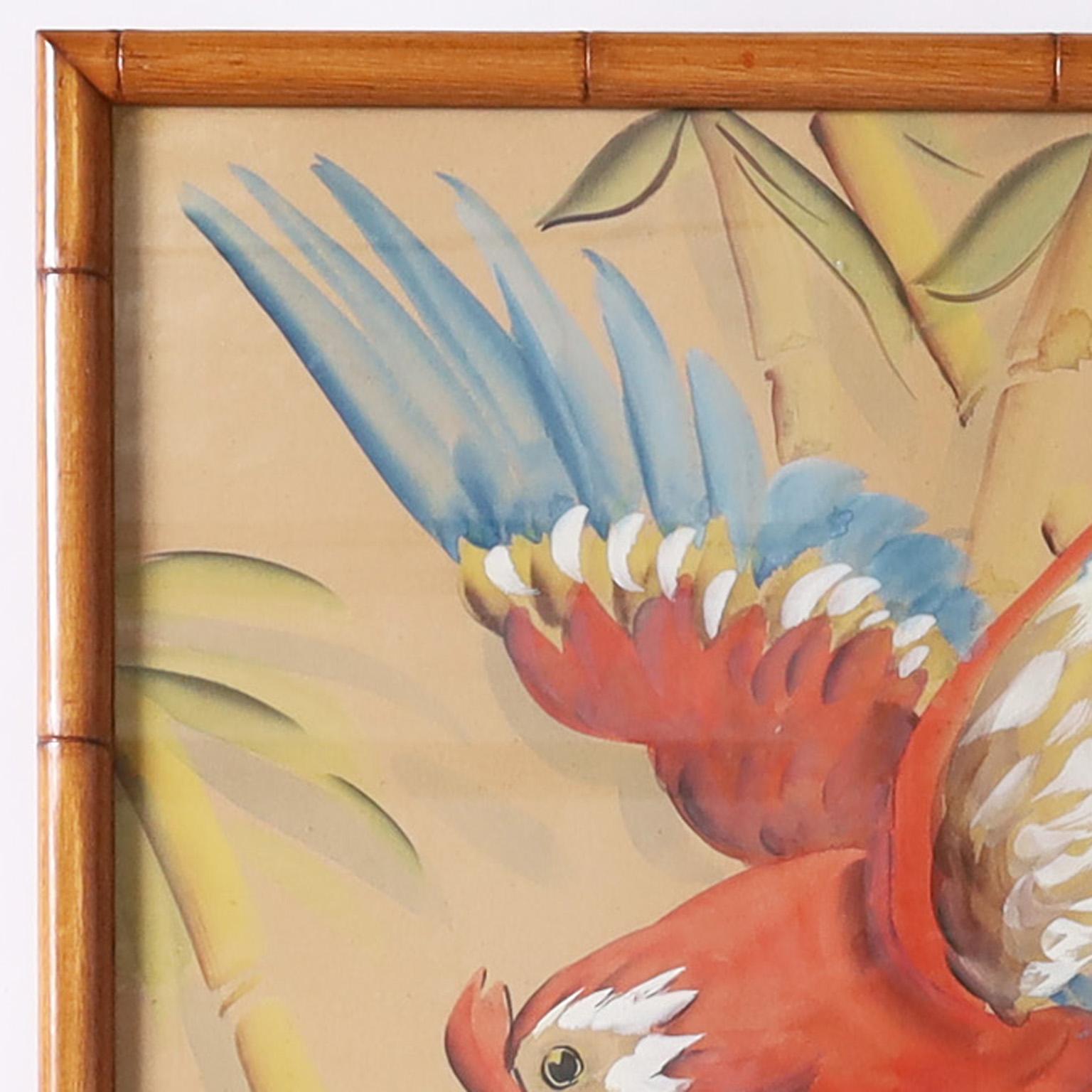 Art Deco Mixed Media Painting of a Parrot in a Faux Bamboo Frame For Sale