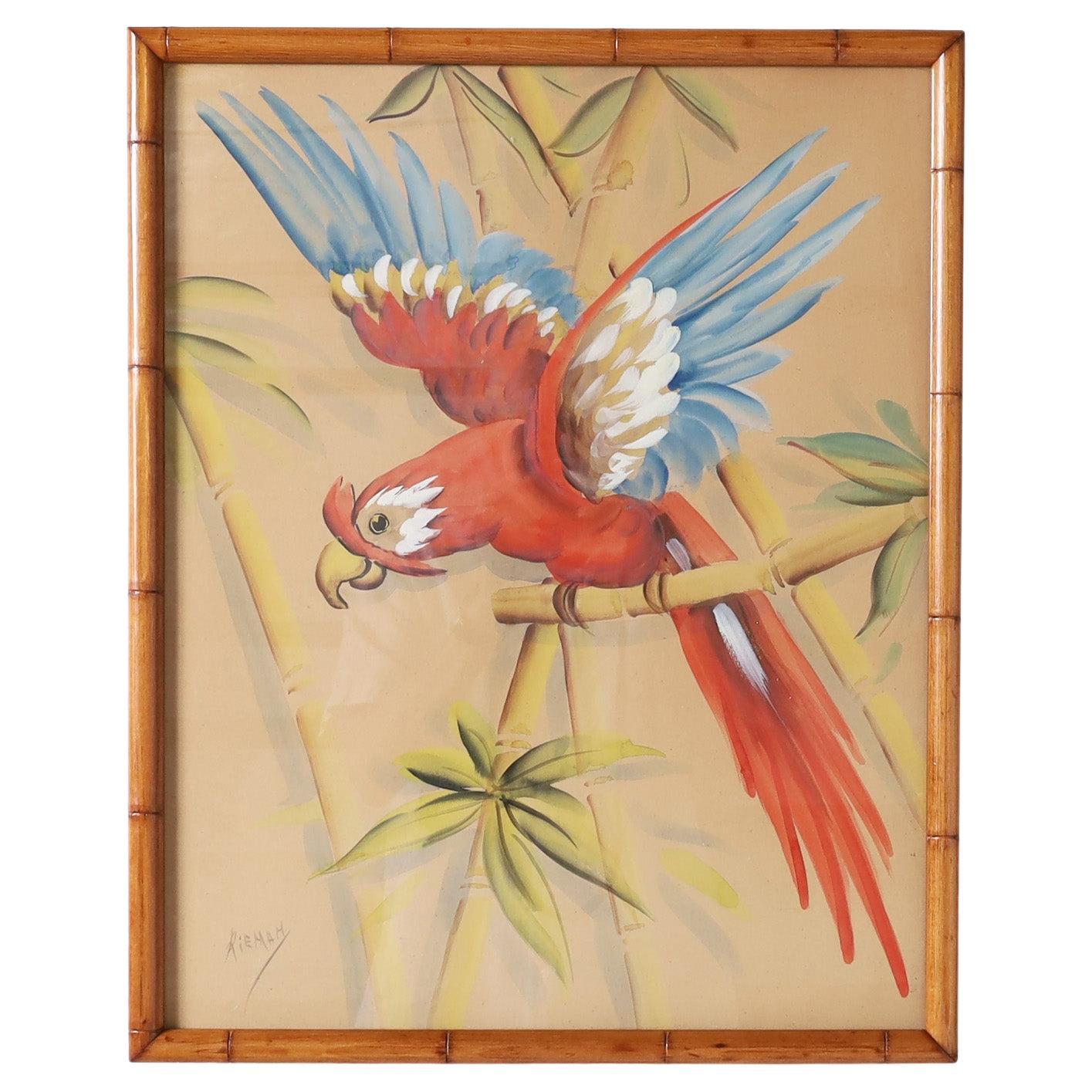 Mixed Media Painting of a Parrot in a Faux Bamboo Frame For Sale