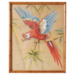 Antique Mixed Media Painting of a Parrot in a Faux Bamboo Frame
