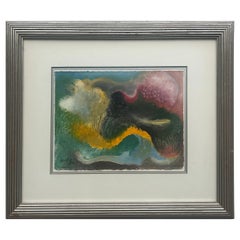 Cuadro abstracto vintage en técnica mixta de Manuel Mendive, firmado y fechado en "92