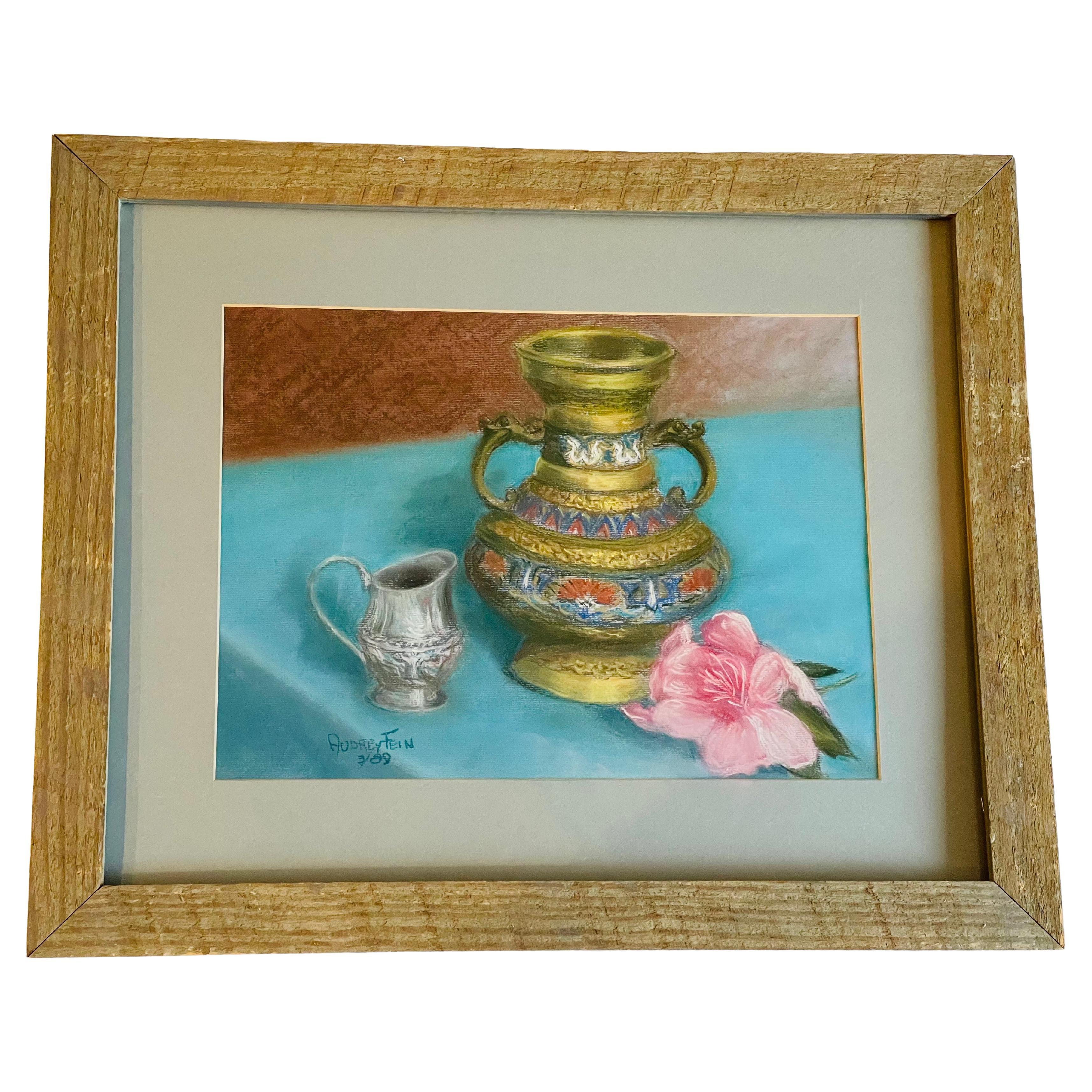 Mixed Media Pastel Still Life on Blue