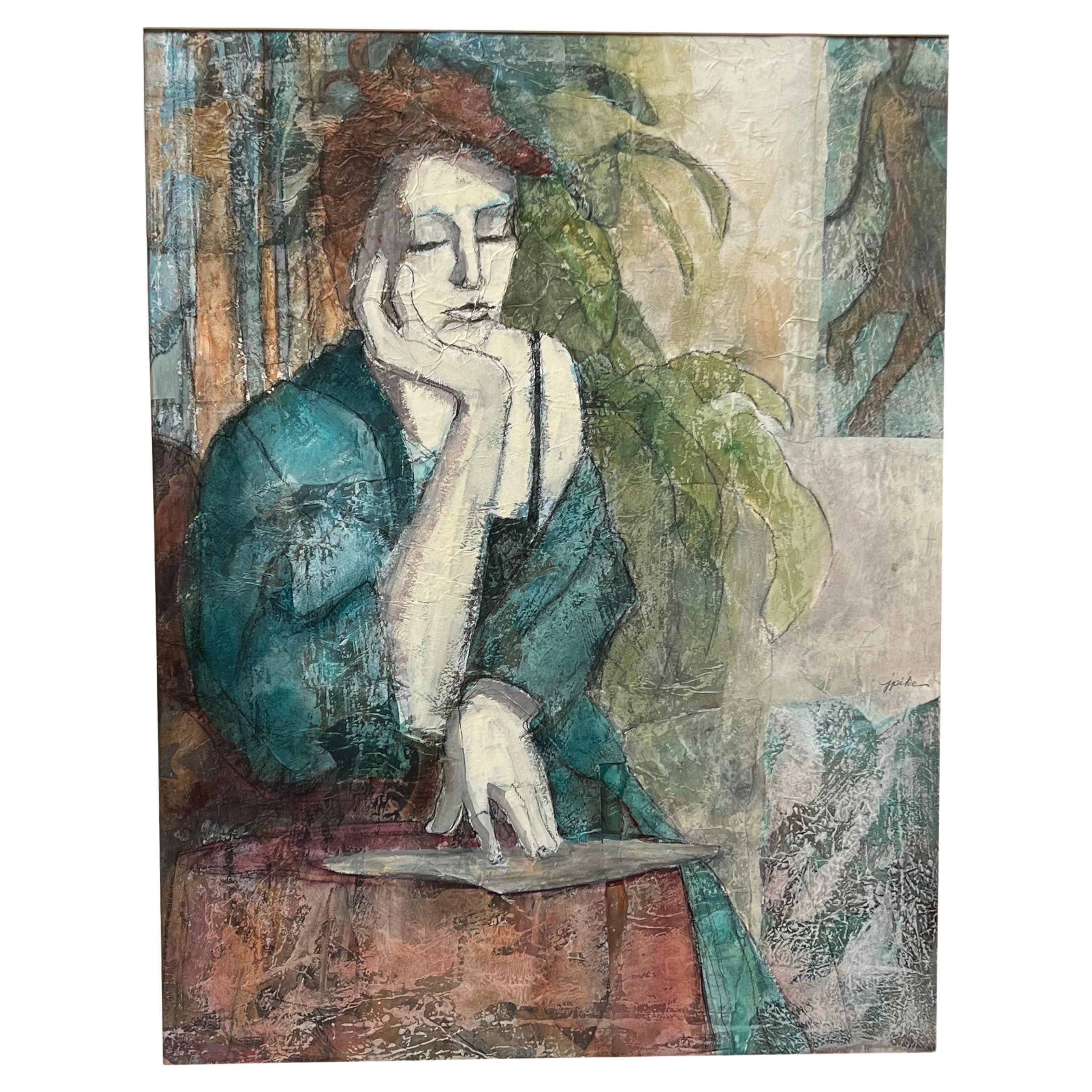 Judith Minna Pike 
December 19, 1942- October 18, 2019
Portrait of a woman sitting with her eyes closed, resting her head on her hand. 
The texture of this piece is stunning. If you look closely, it almost resembles crushed silk. Pike includes a