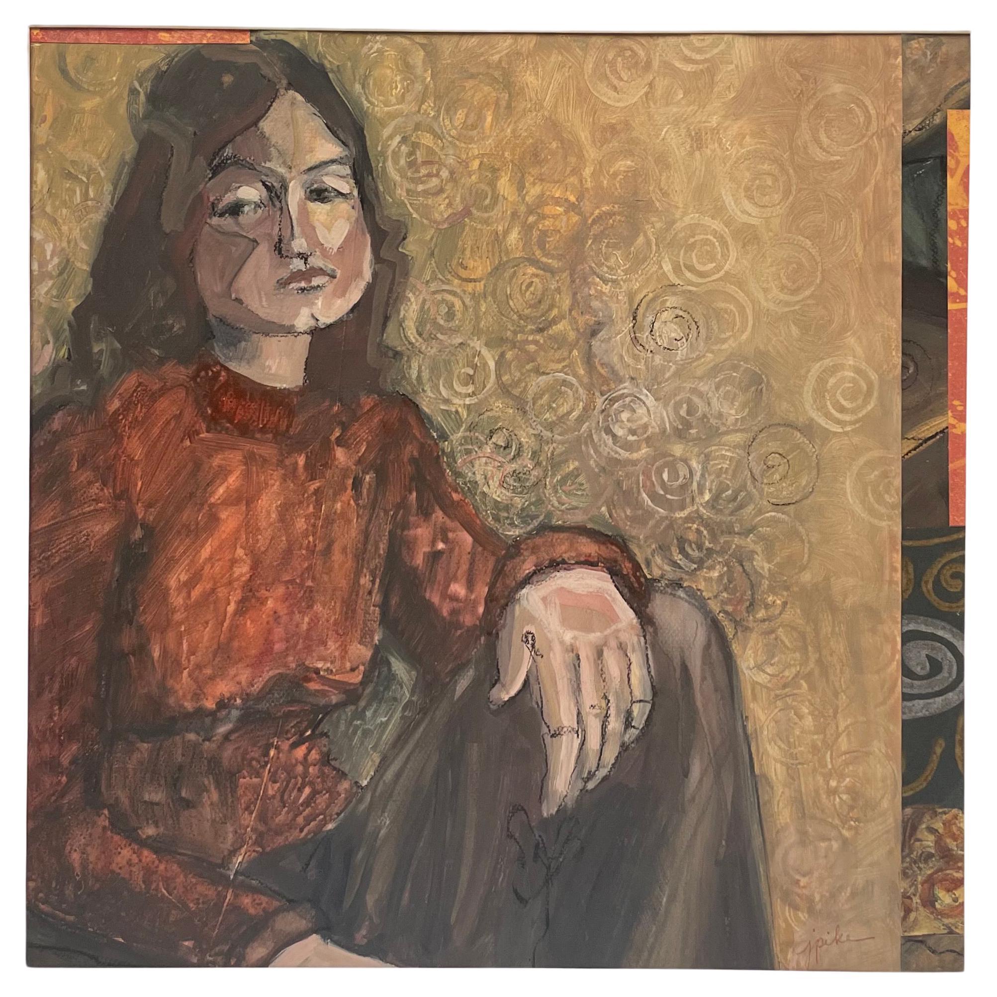 Judith Minna Pike 
December 19, 1942- October 18, 2019
Mixed media painting of a young thoughful woman, sitting comfortably. Pike used many different brush techniques when painting this portrait. Up close you can see repeated spirals of paint,