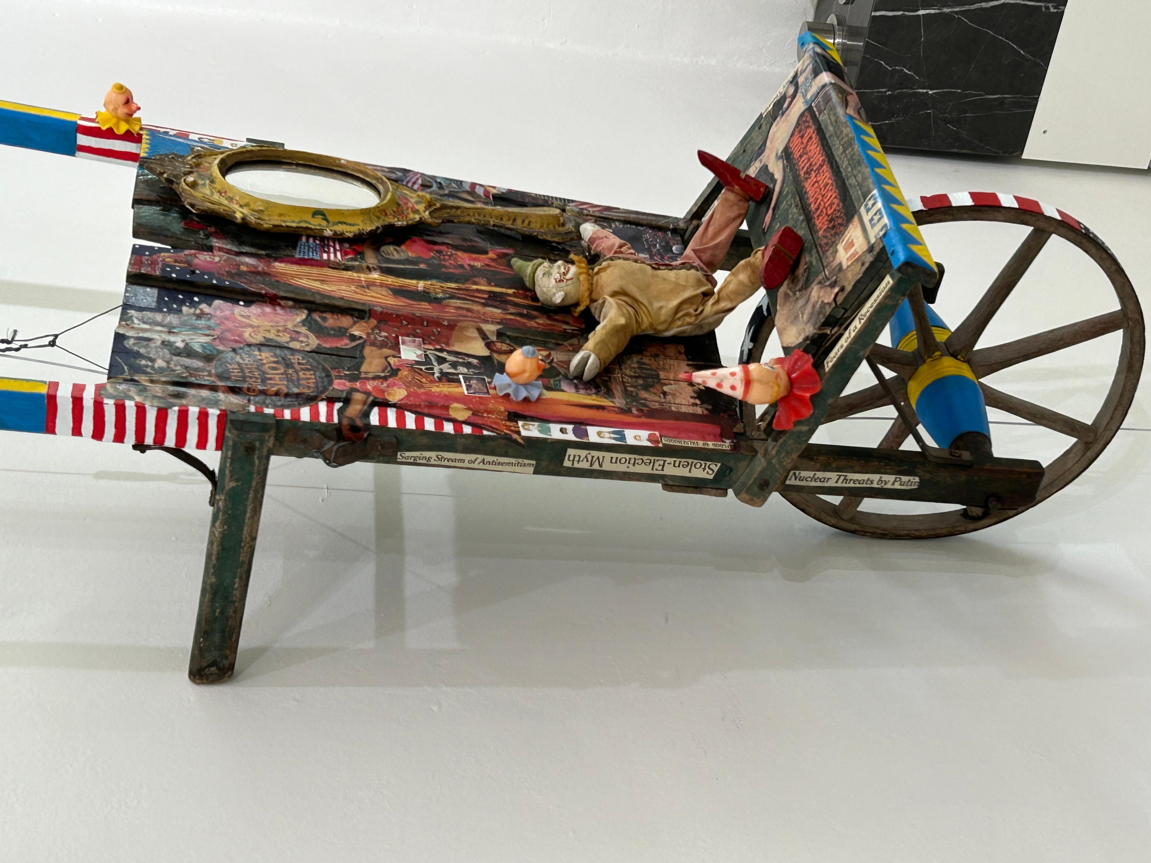 Modern Mixed Media Sculpture Titled Circus World on Vintage Wooden Wheelbarrow For Sale