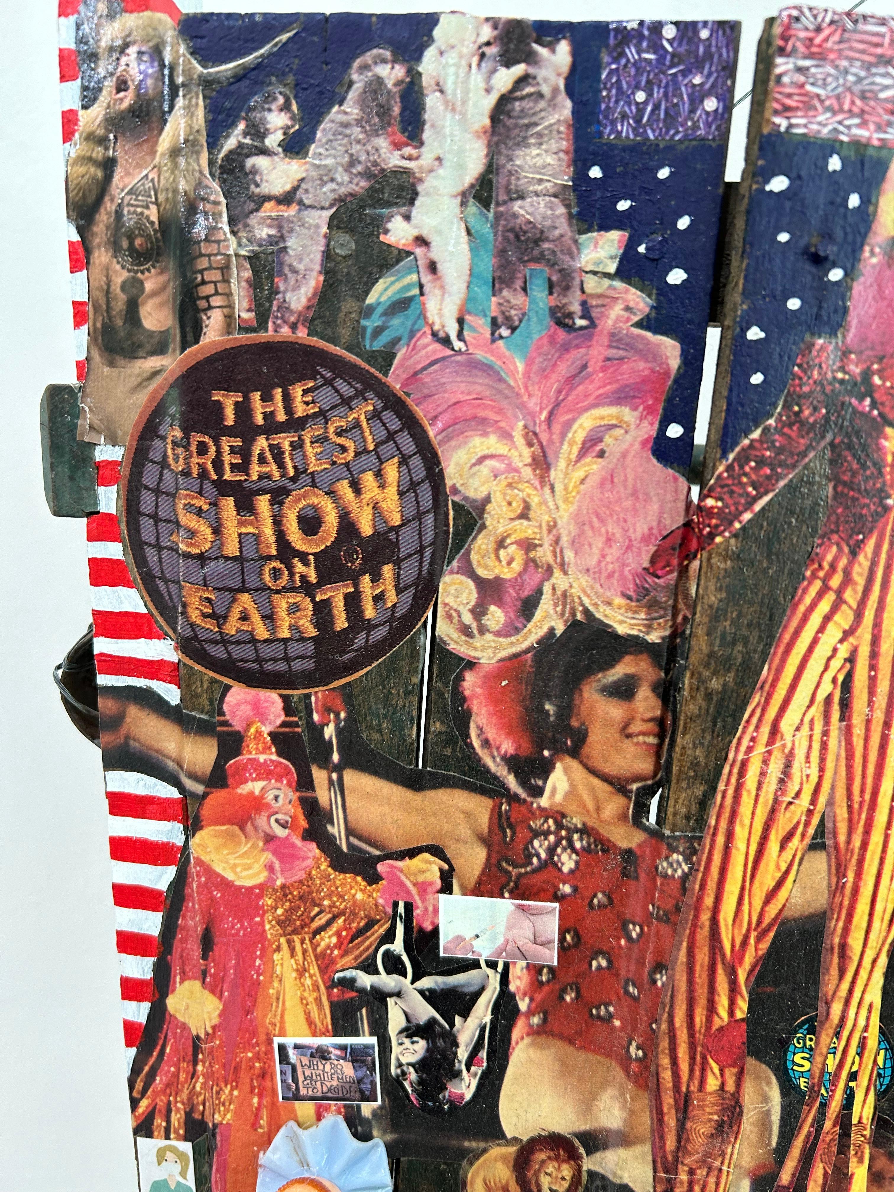 Mixed Media Sculpture Titled Circus World on Vintage Wooden Wheelbarrow In Good Condition For Sale In Hopewell, NJ