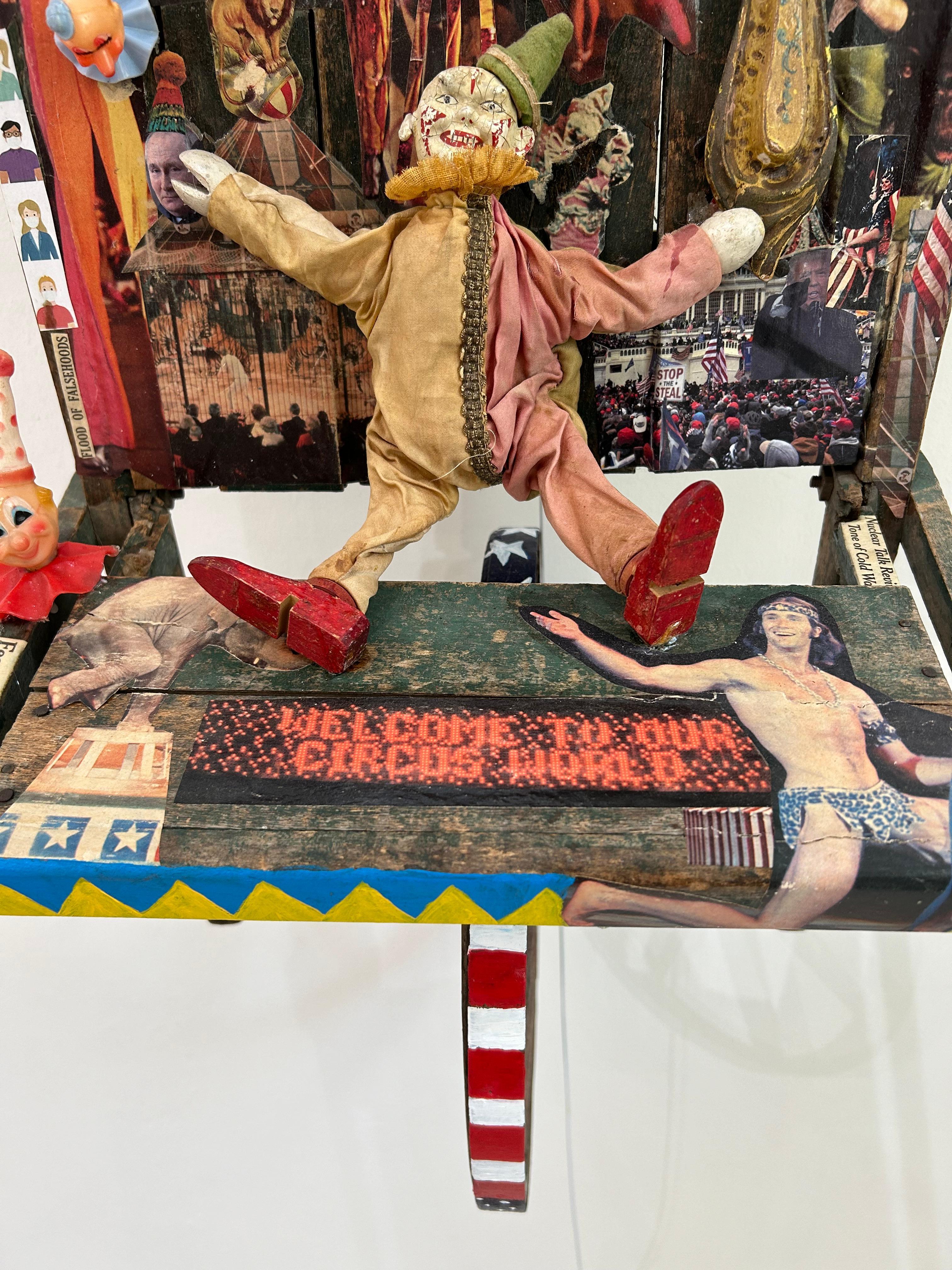 Contemporary Mixed Media Sculpture Titled Circus World on Vintage Wooden Wheelbarrow For Sale