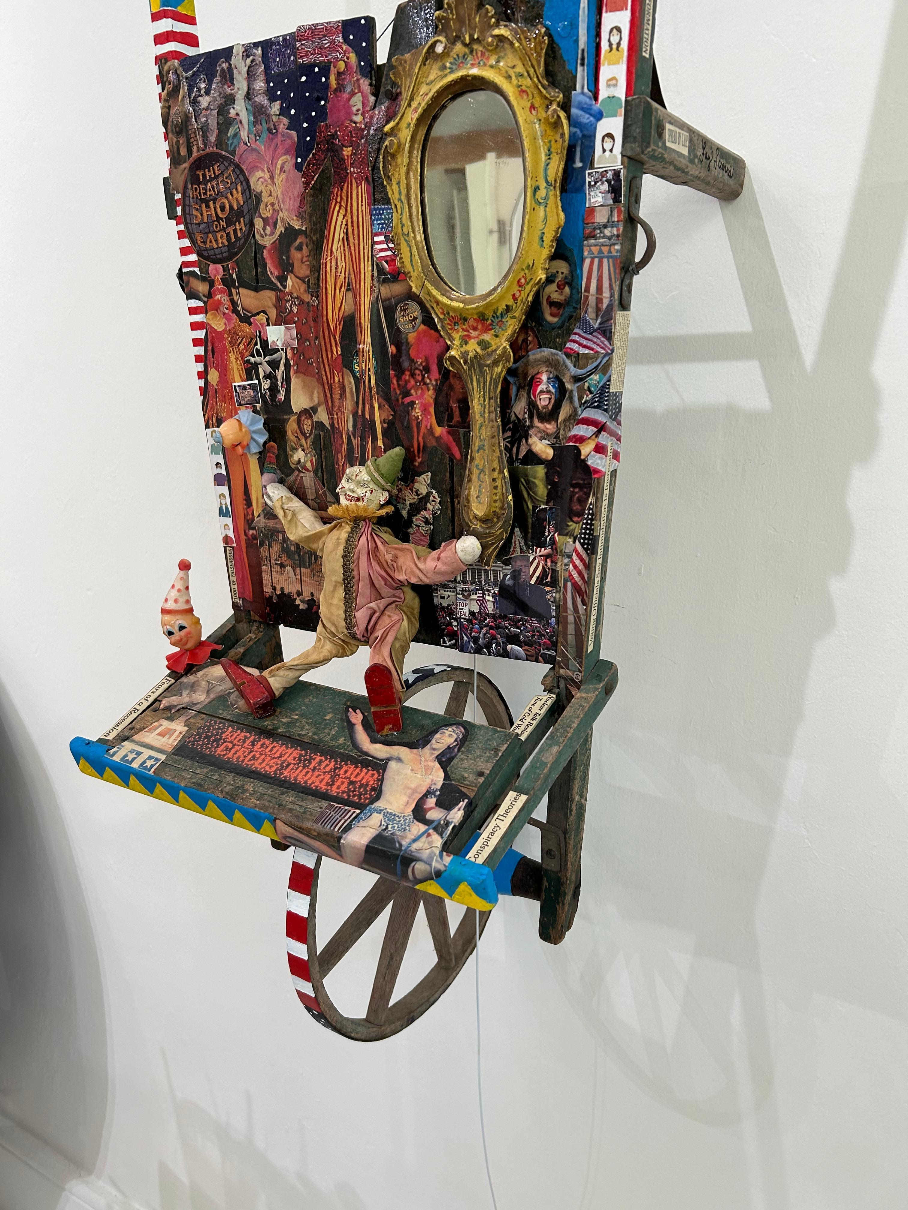 Acrylic Mixed Media Sculpture Titled Circus World on Vintage Wooden Wheelbarrow For Sale