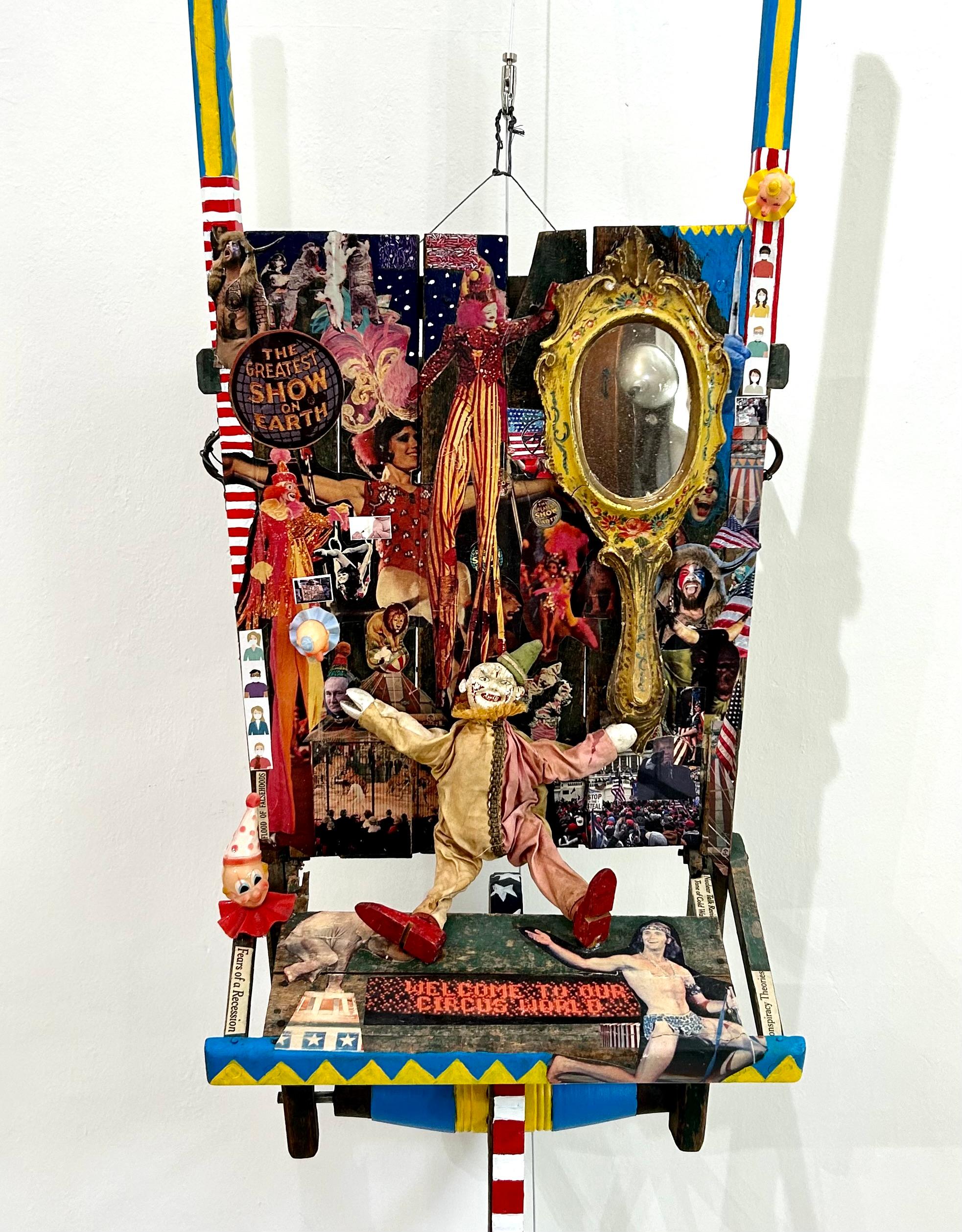 Mixed Media Sculpture Titled Circus World on Vintage Wooden Wheelbarrow For Sale 1