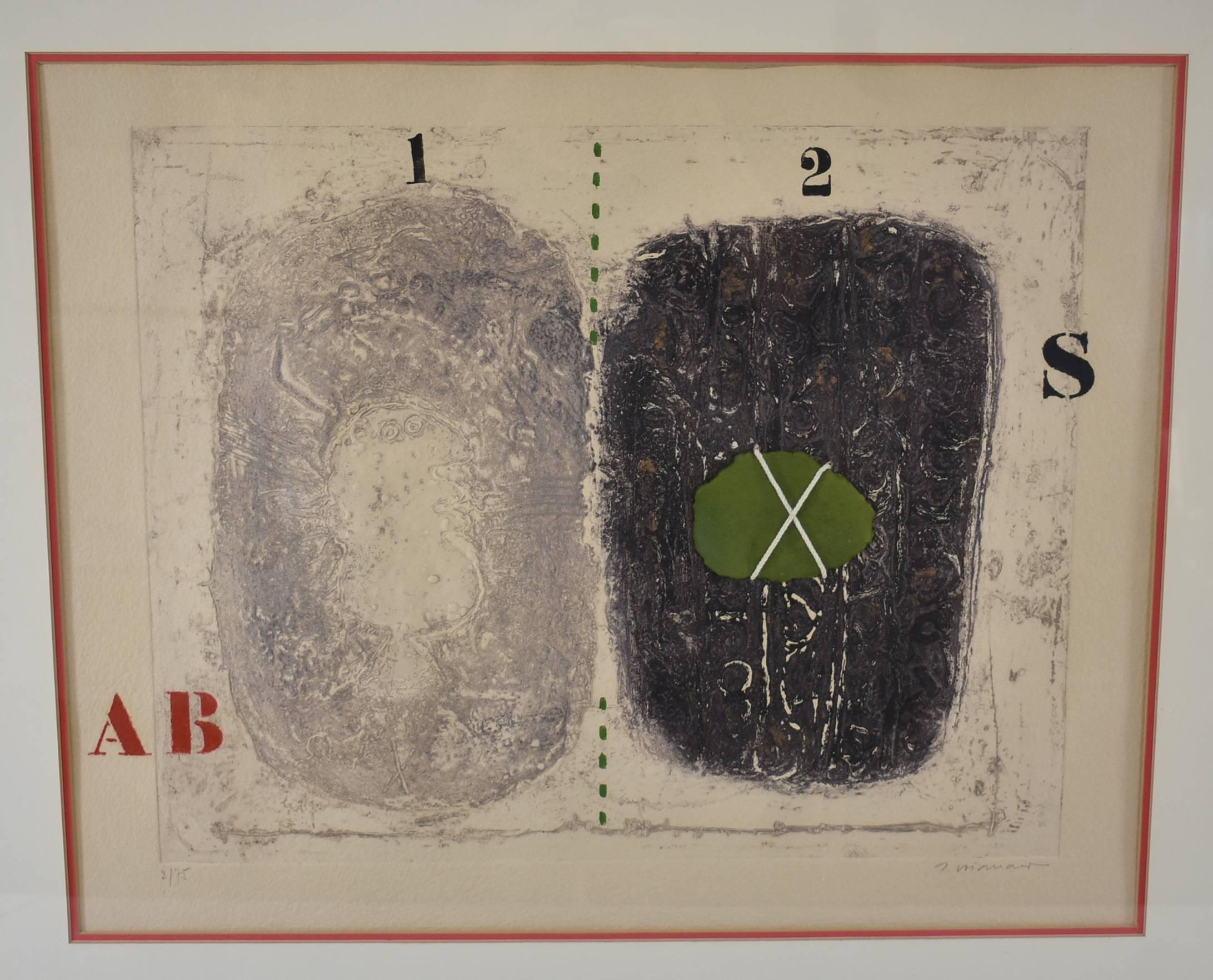 This is a superb original signed and numbered limited edition color carborundum etching with collage and handwork on handmade paper by internationally acclaimed artist James Coignard, (French, 1925-2008). The dimensions with the frame are 30 3/4