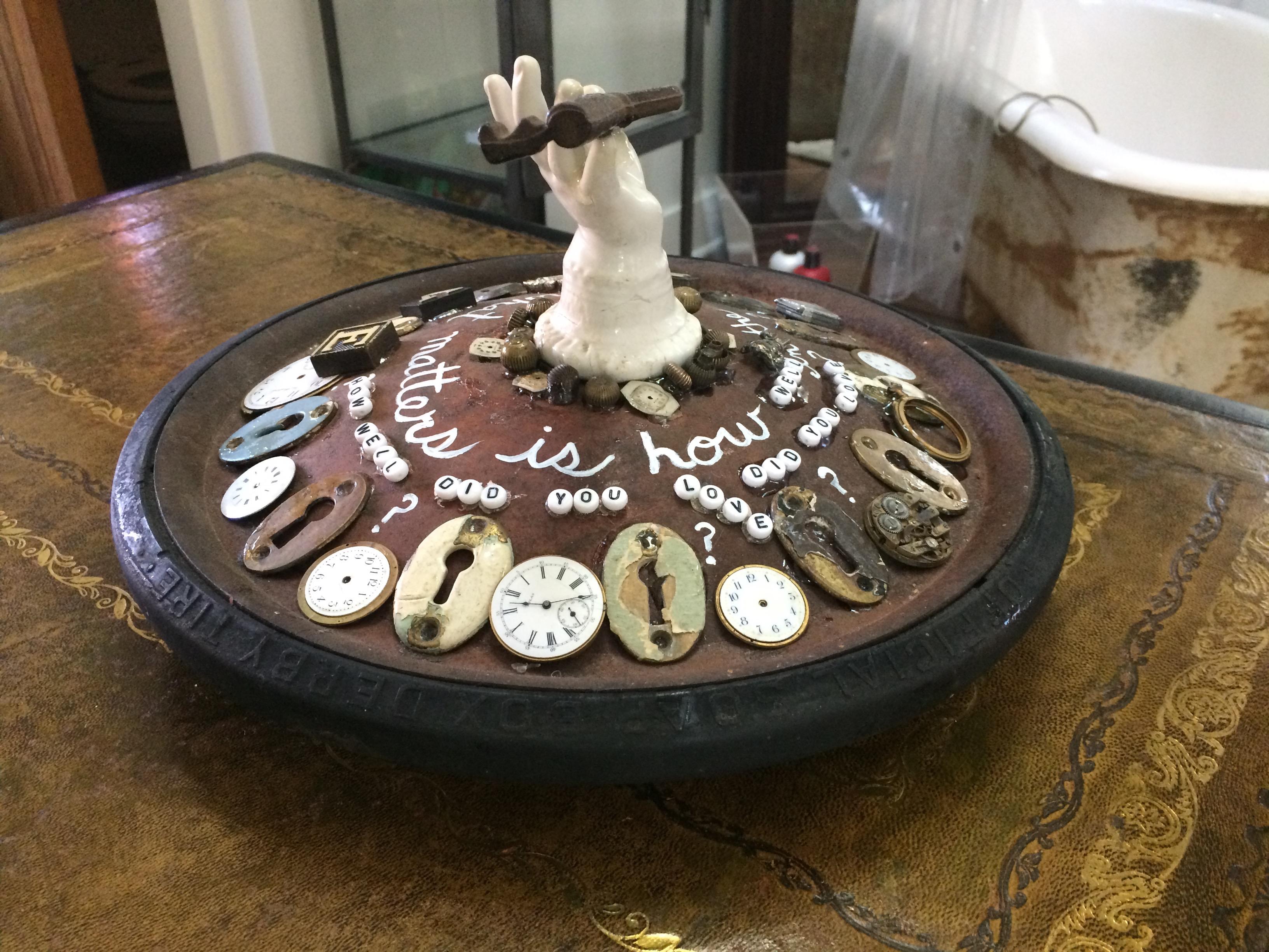 Metal Mixed Media Tabletop Sculpture with Buddhist Message For Sale