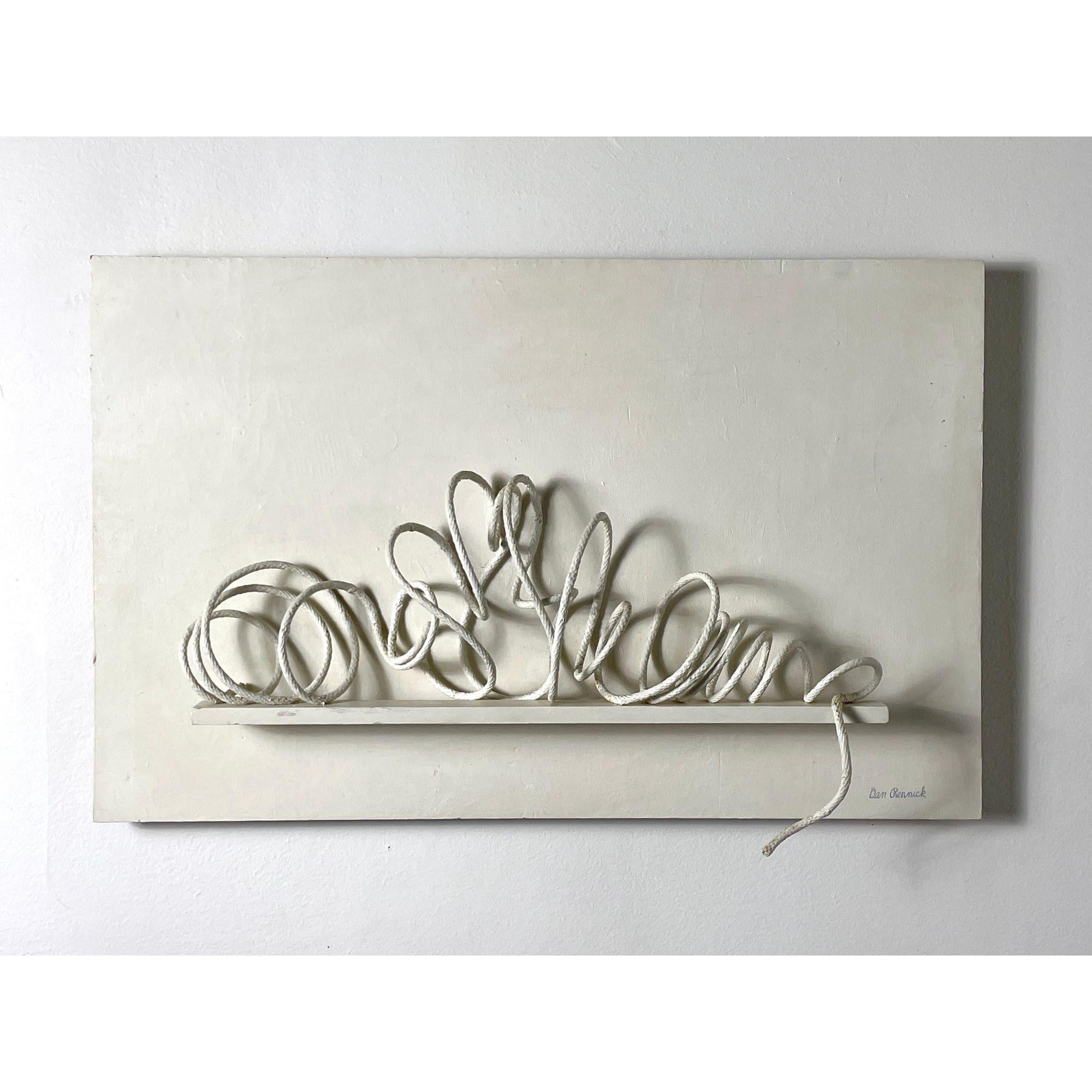 28x18 Dan Rennick Mixed Media Wall Art Sculpture 1970s

Modernist assemblage titled Round and Round by Dan Rennick 1971
Monochromatic mixed media with coiled rope rested on a wooden ledge
Signed lower right and on verso

Additional