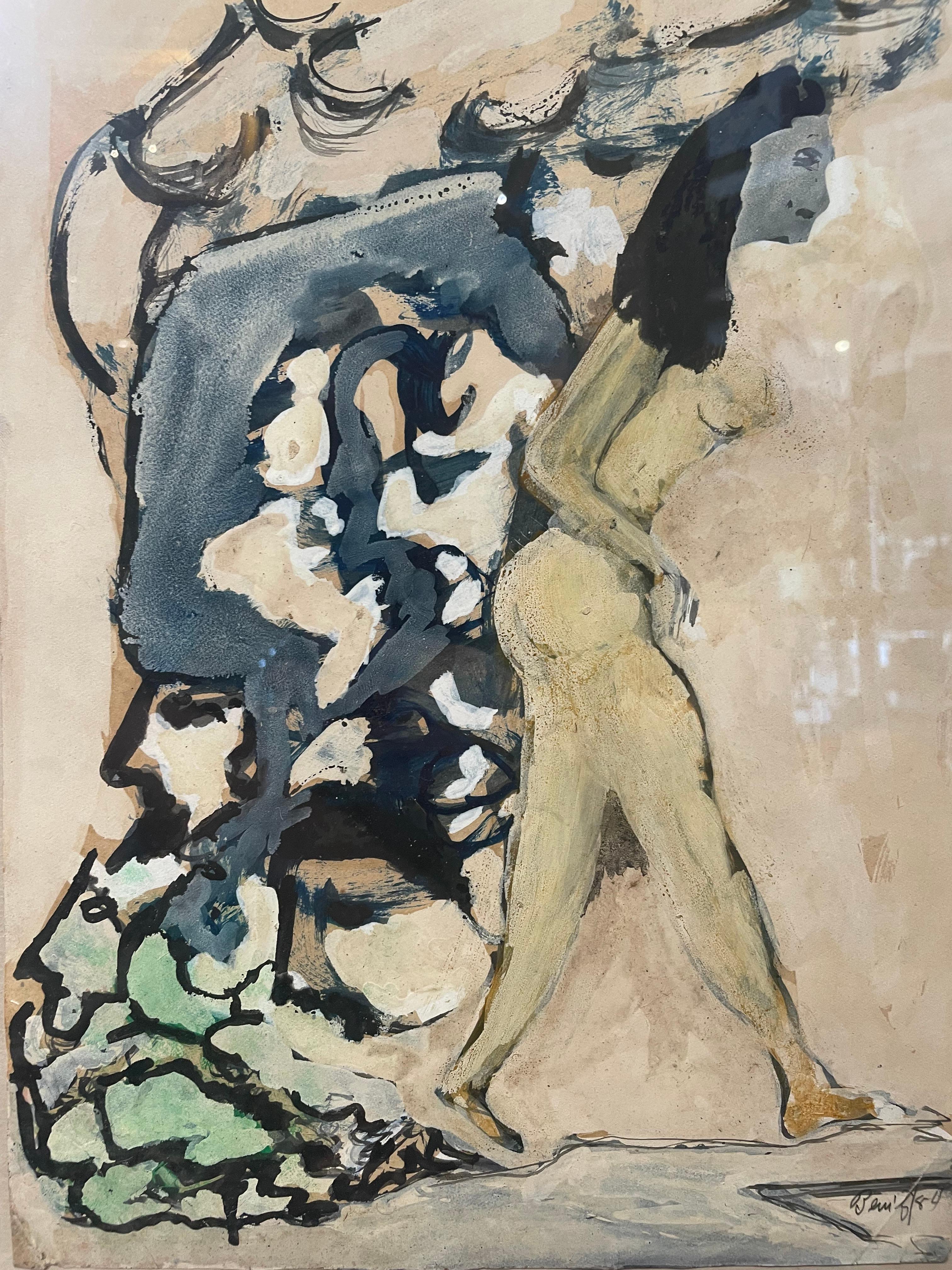 This is a Mixed Medium Painting of Salvador Benitez. It depicts a nude barefoot woman with a grey face and long black hair walking forward in a sidewalk and leaving behind a mountain of trash. But if you look carefully to the trash, you can